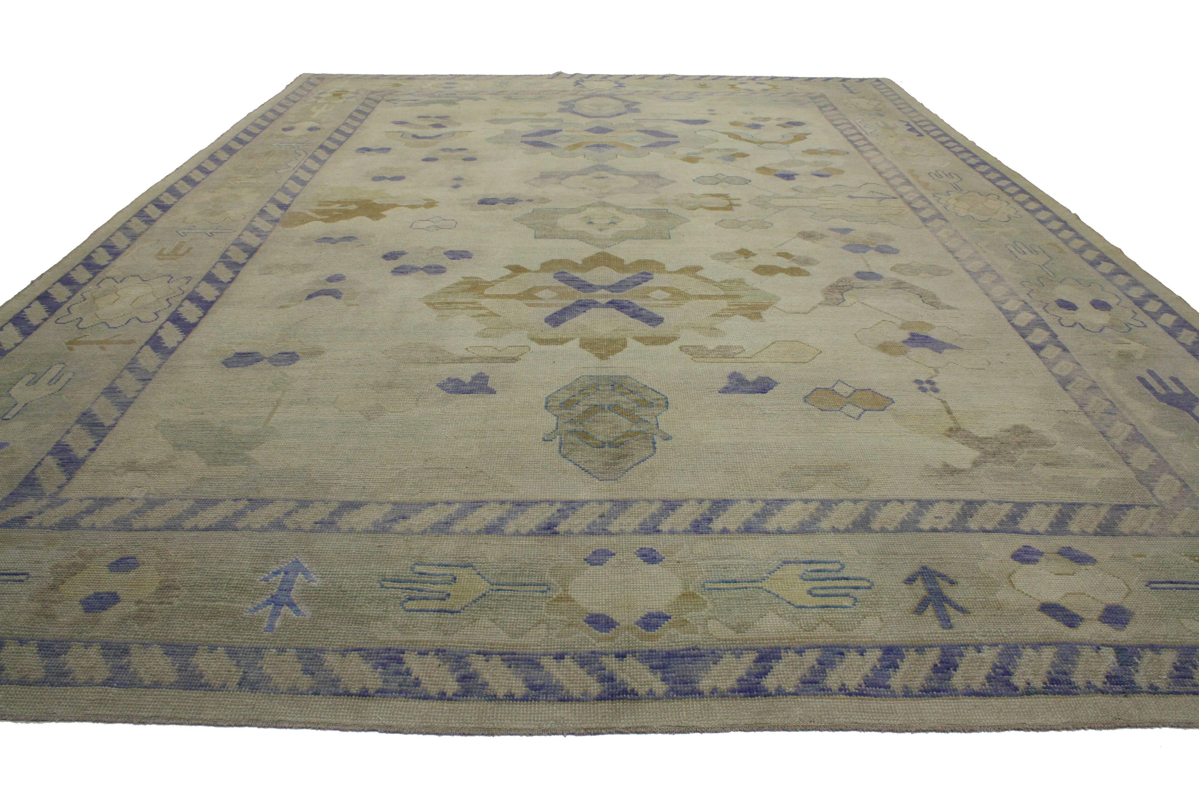 Hand-Knotted Modern Turkish Oushak Rug with Transitional Style in Coastal Colors