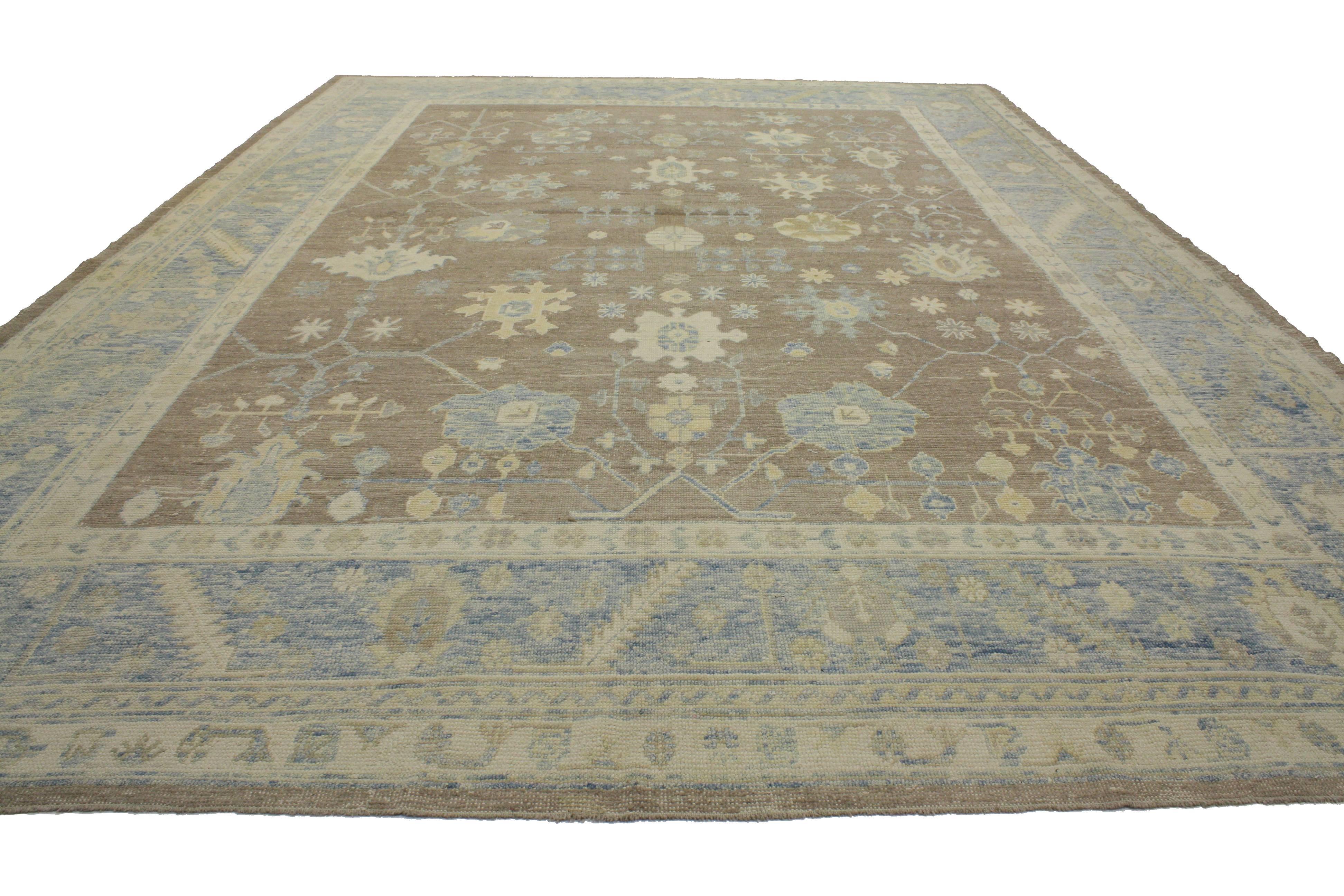 From fresh and formal to casual elegance, relish the refinement as this modern Turkish Oushak rug with transitional style in neutral colors evoke an air of warmth and comfort with its timeless aesthetic. Rendered in an earth-tone color palette of