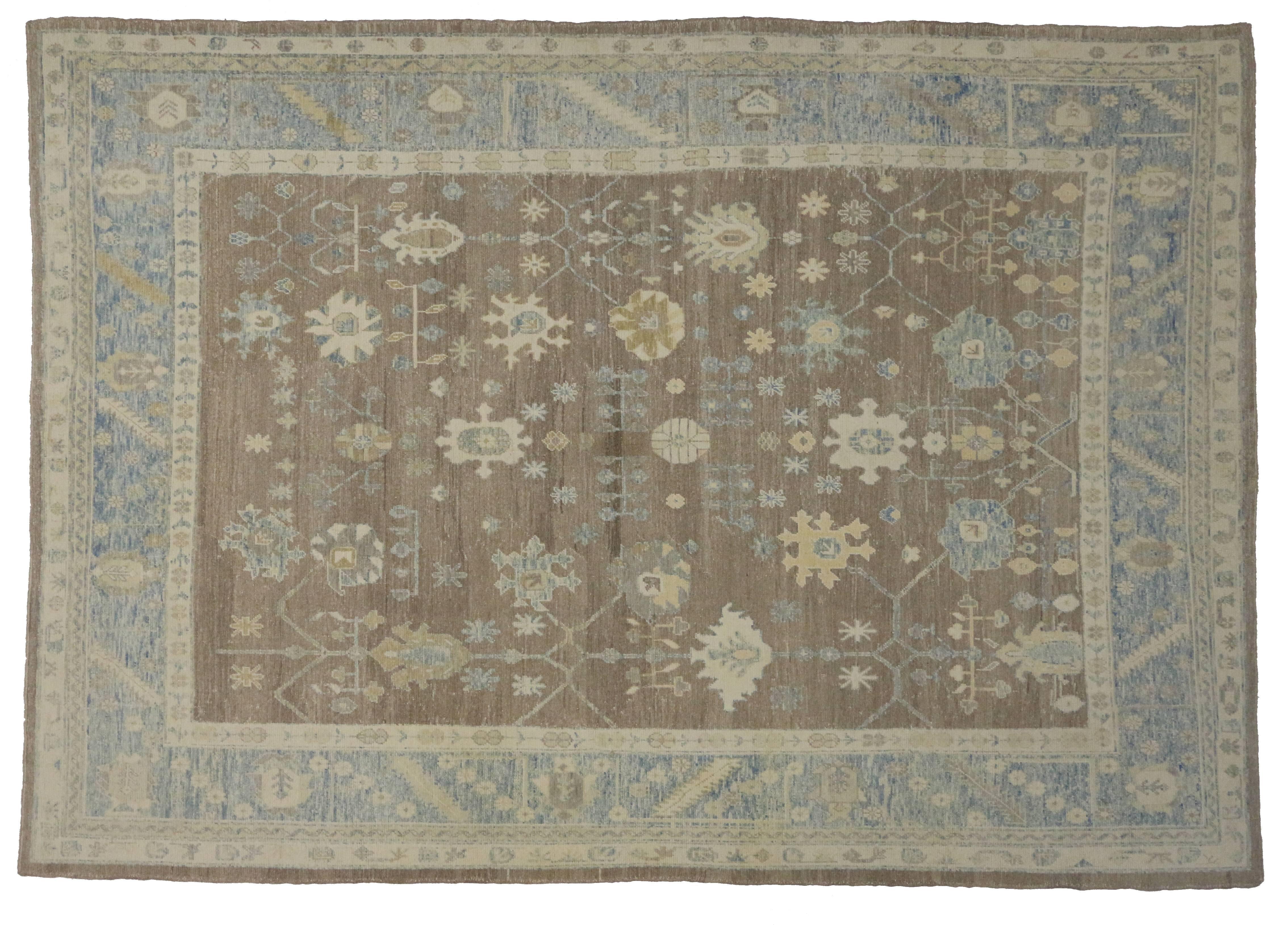 Hand-Knotted Modern Turkish Oushak Rug with Transitional Style in Neutral Colors