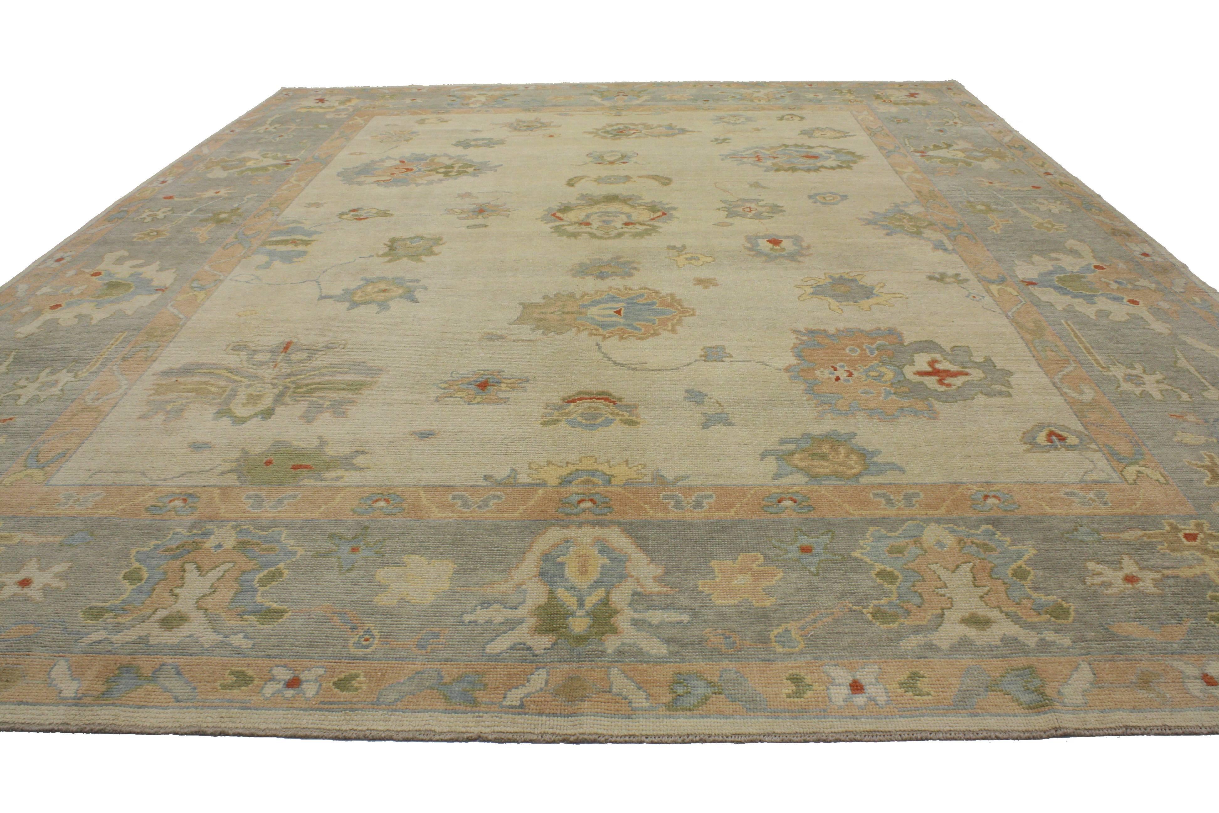 51605 New Contemporary Turkish Oushak Area Rug with French Provincial Style. From climbing roses and topiaries to toile and tea, this Turkish Oushak rug can go cozy casual chic or chateau manor formal with its transitional style and soft pastel