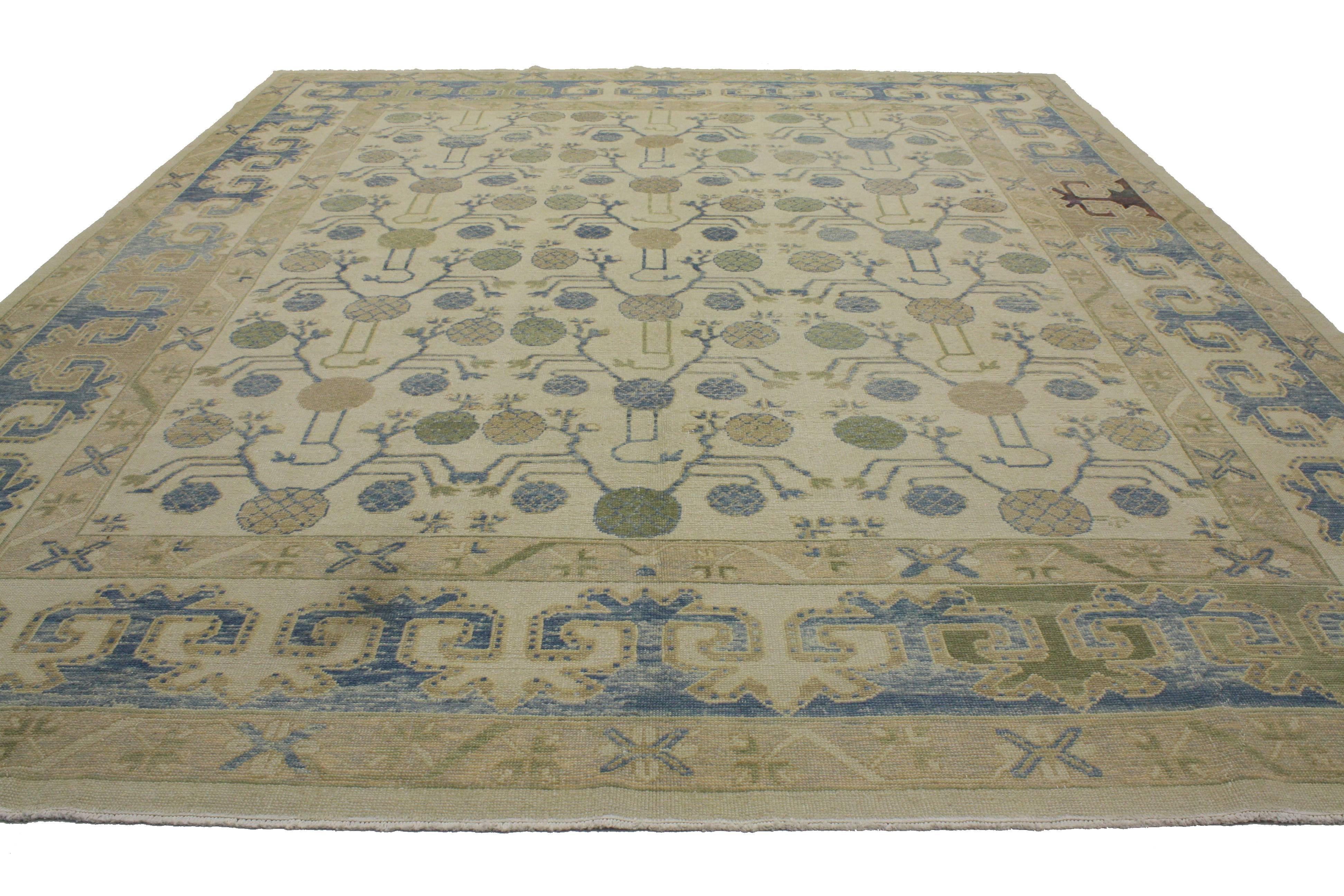 Hand-Knotted Modern Turkish Oushak Rug with Transitional Style and Khotan Design