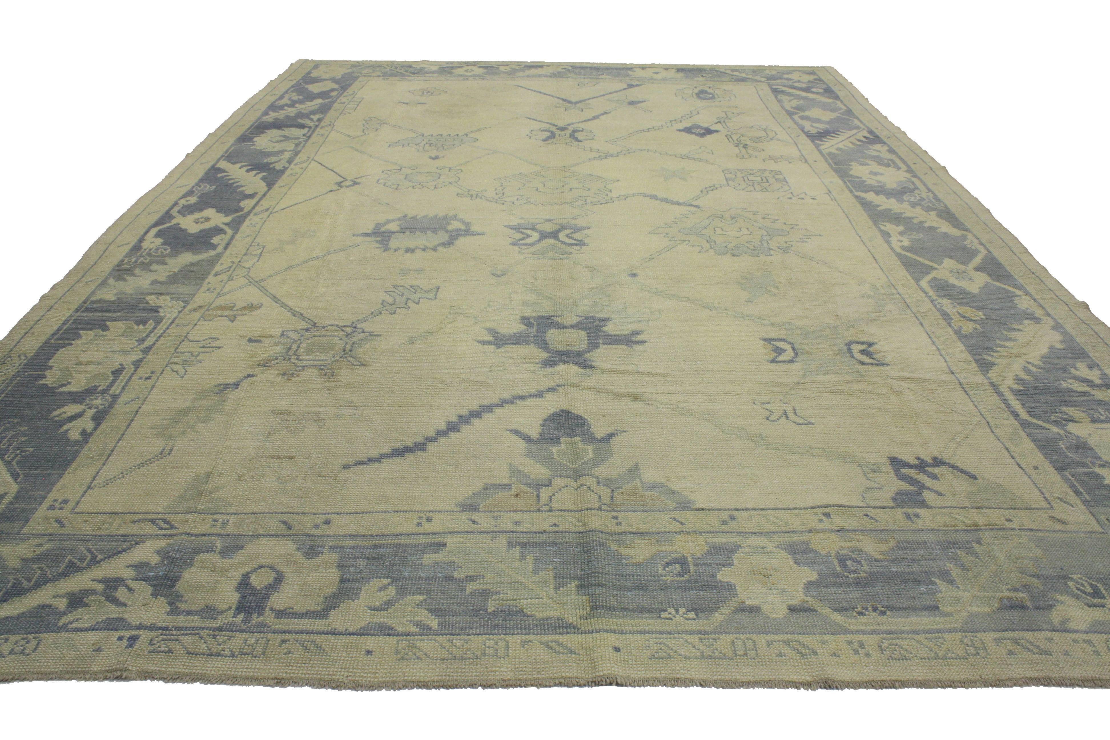 Hand-Knotted Modern Turkish Oushak Rug with Transitional Style in Coastal Colors 