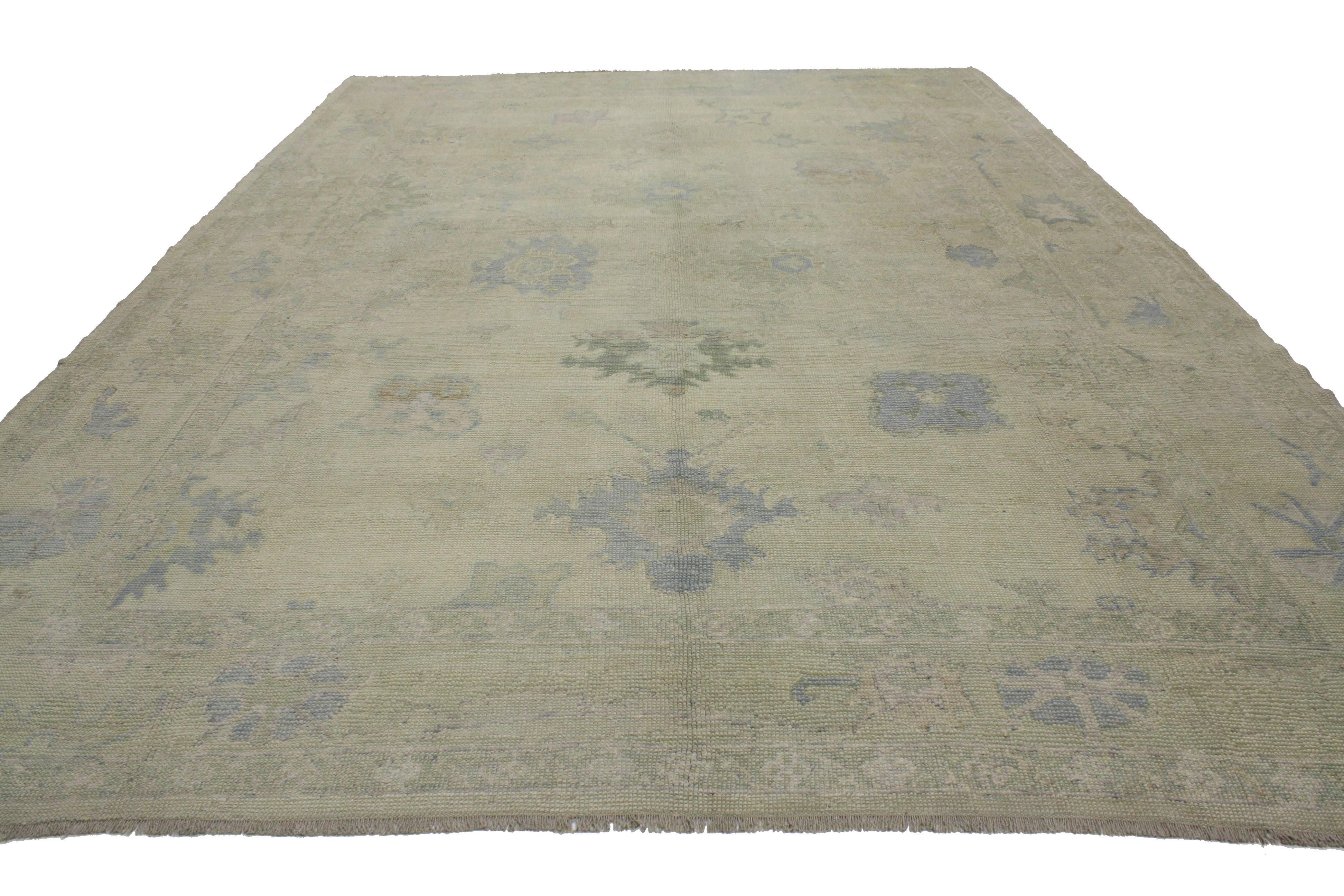 Hand-Knotted Modern Turkish Oushak Rug with Transitional Style in Muted Coastal Colors
