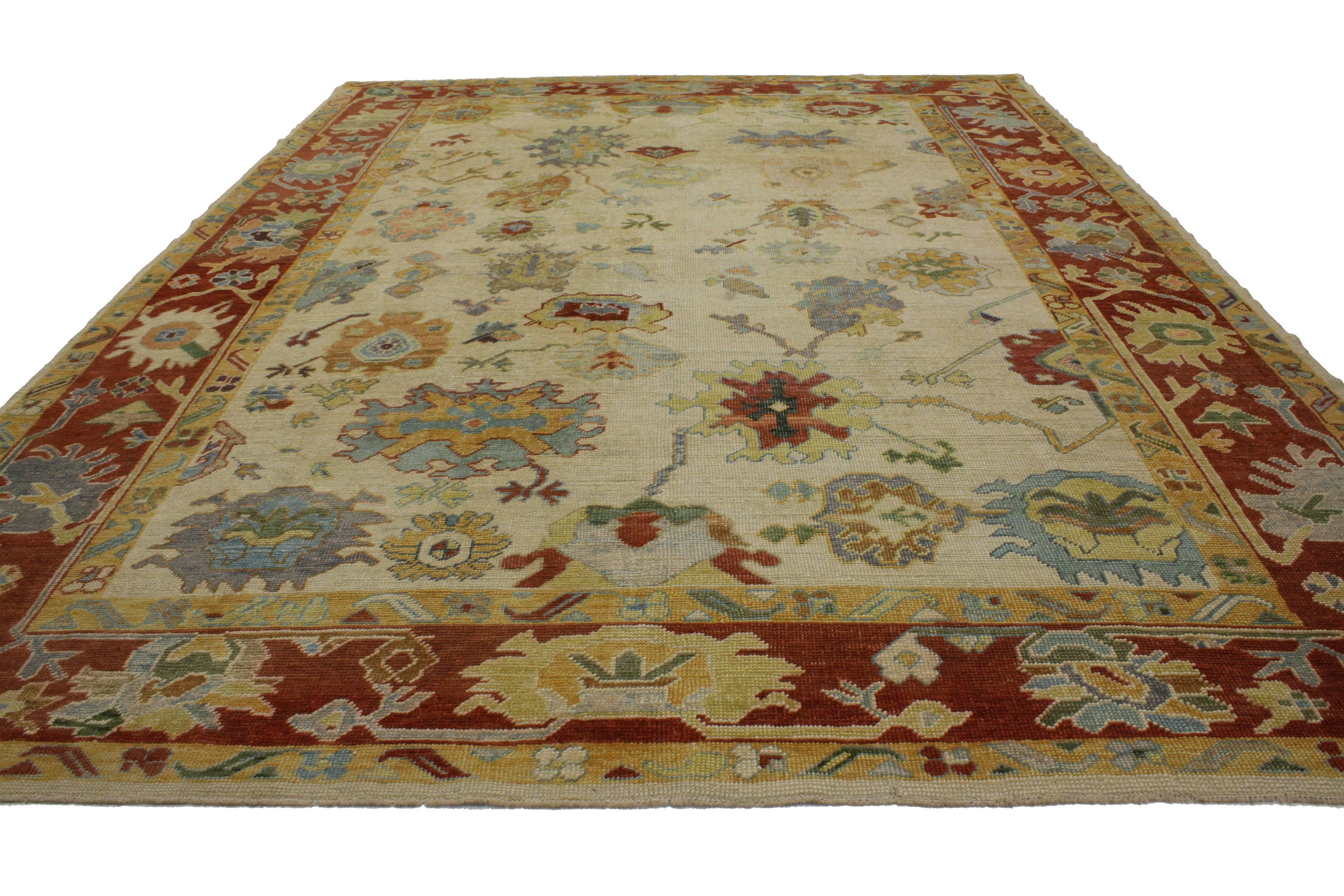 Hand-Knotted Modern Turkish Oushak Rug with Transitional Style in Traditional Colors