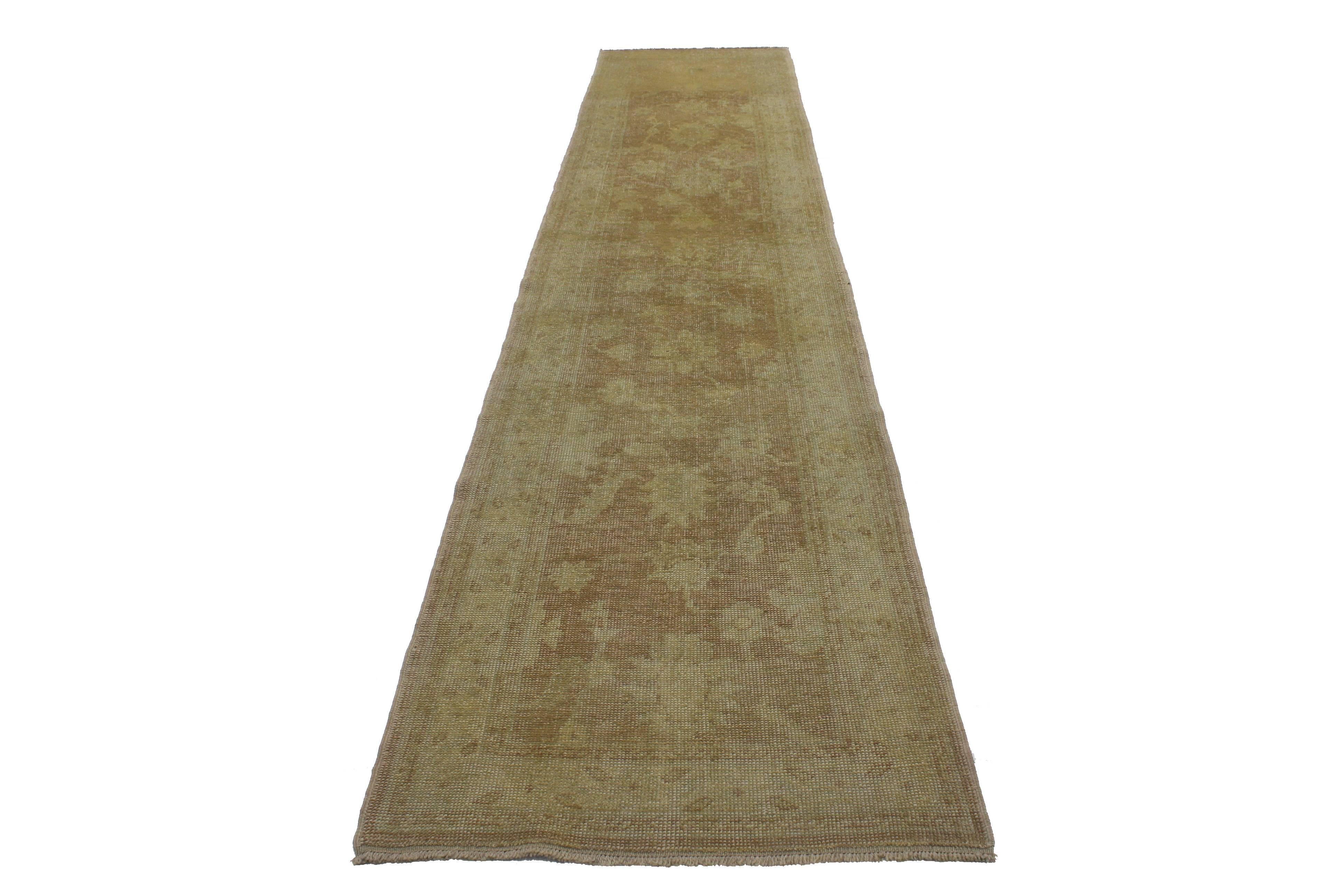 Hand-Knotted Modern Turkish Oushak Runner with Transitional Style and Muted Warm Colors For Sale