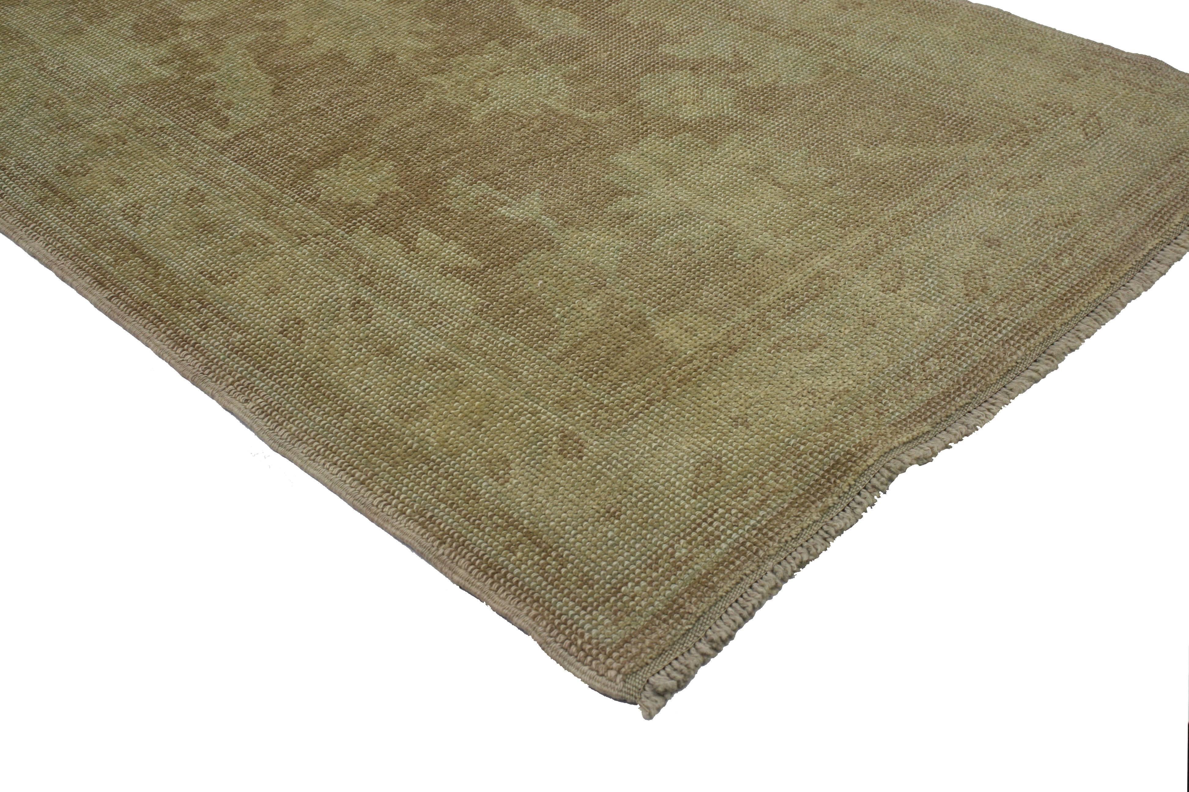 51622 Modern Turkish Oushak Runner with Transitional Style and Muted Warm Colors 02'08 x 13'01. Warm and inviting, this hand-knotted wool modern Turkish Oushak runner features an all-over large scale geometric pattern composed of Harshang-style