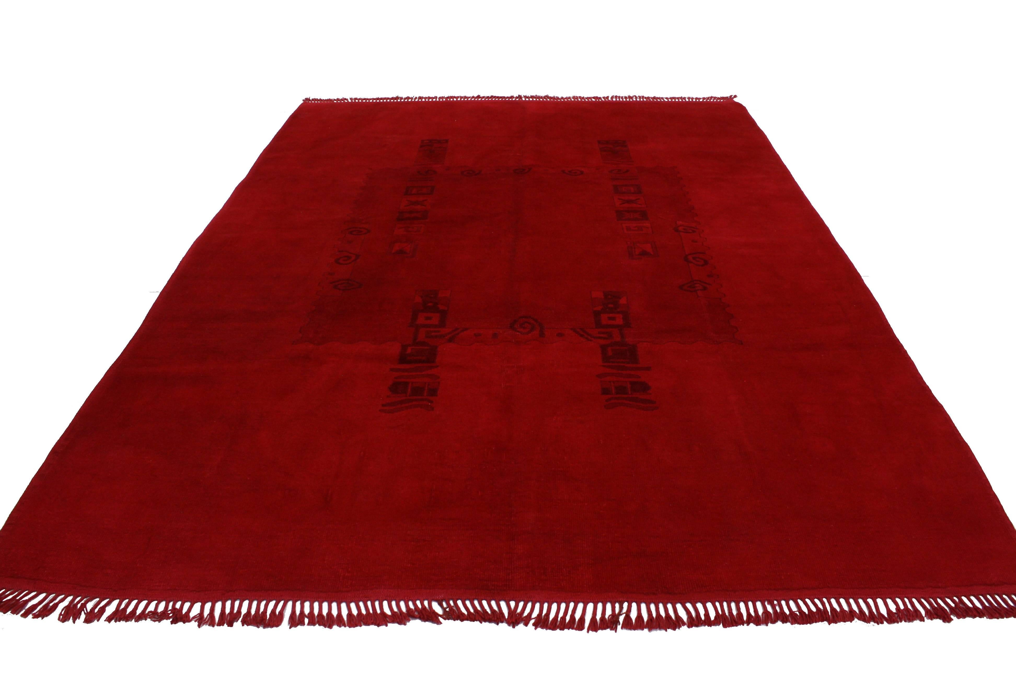 Hand-Knotted Vintage Turkish Oushak Rug Overdyed in Red with Modern Style