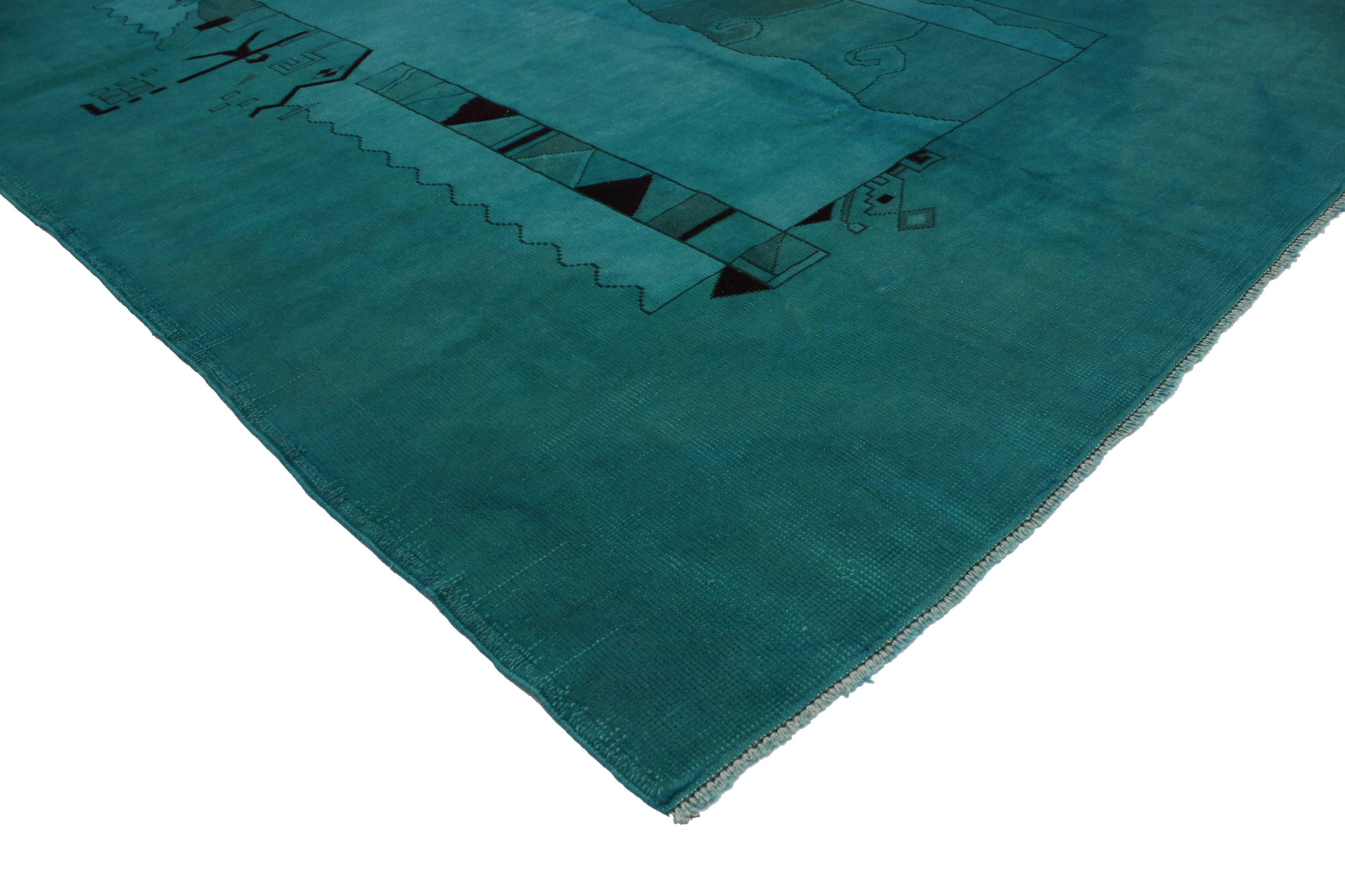 Hand-Knotted Vintage Turkish Oushak Rug Overdyed in Teal with Contemporary Modern Style For Sale