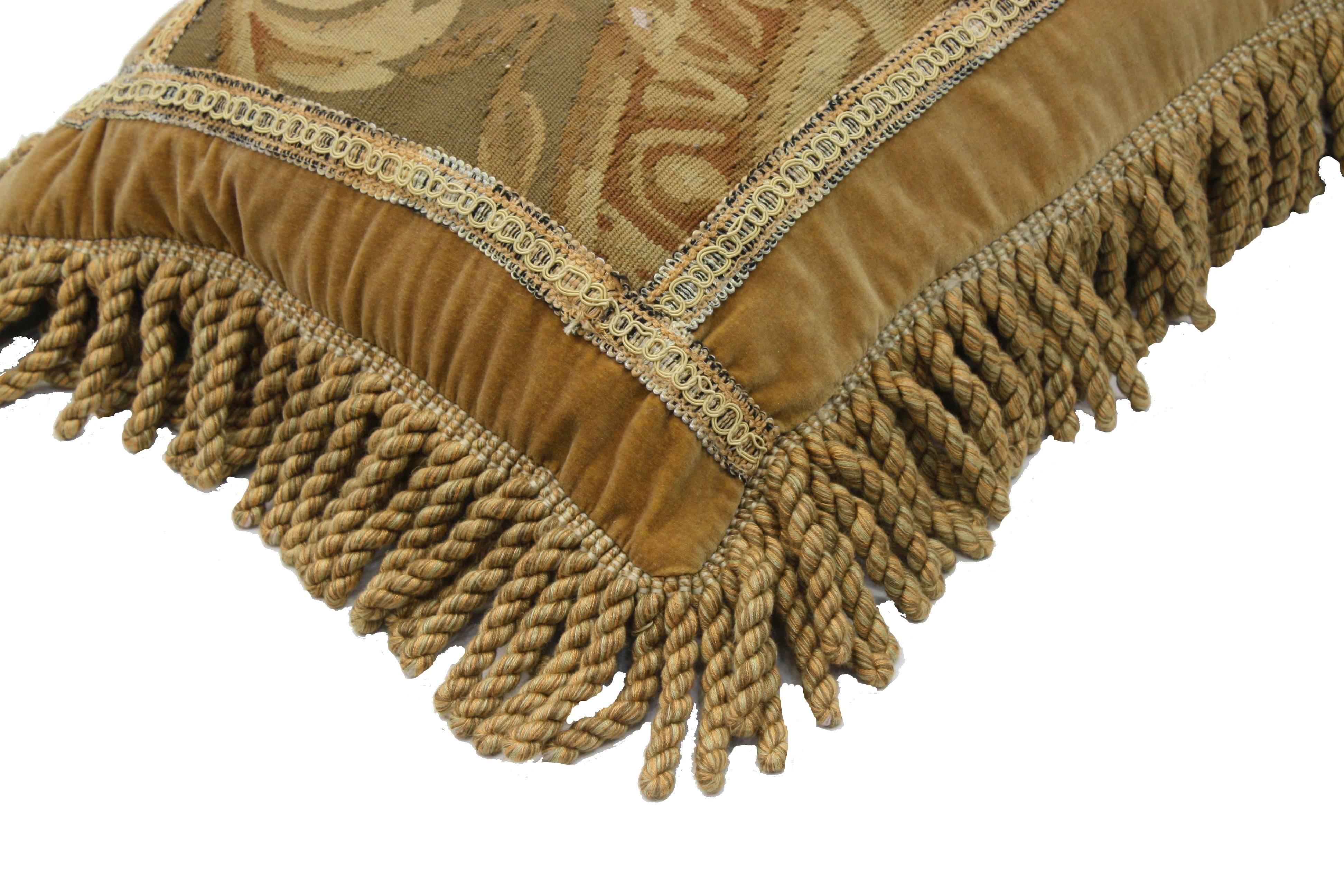 76811 European Tapestry Pillow with French Passementerie and Antique Aubusson Style. Add European charm and French Colonial style with this European tapestry pillow with French passementerie fringe and antique style. A decorative landscape scene of