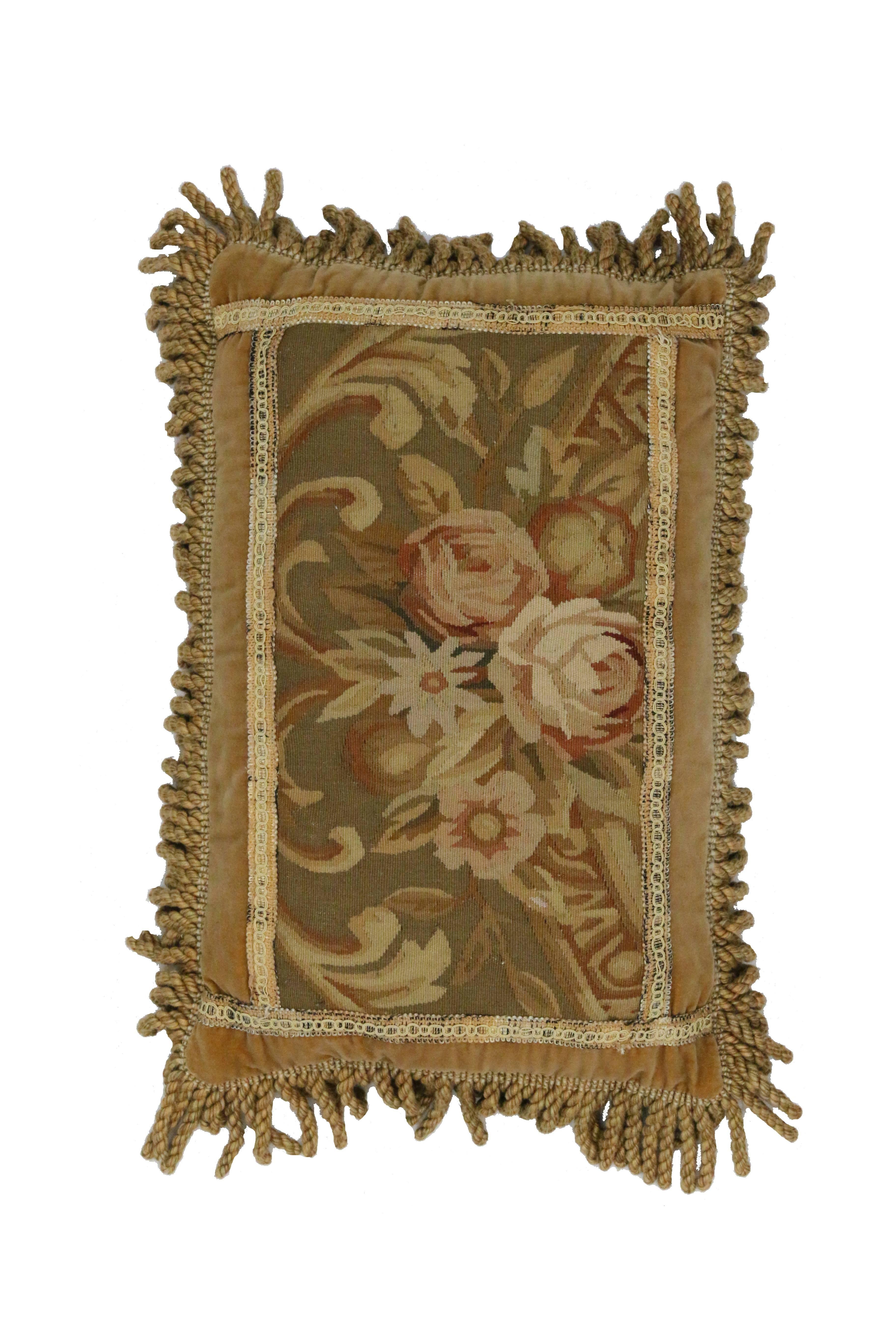 French Provincial European Tapestry Pillow with French Passementerie and Antique Aubusson Style