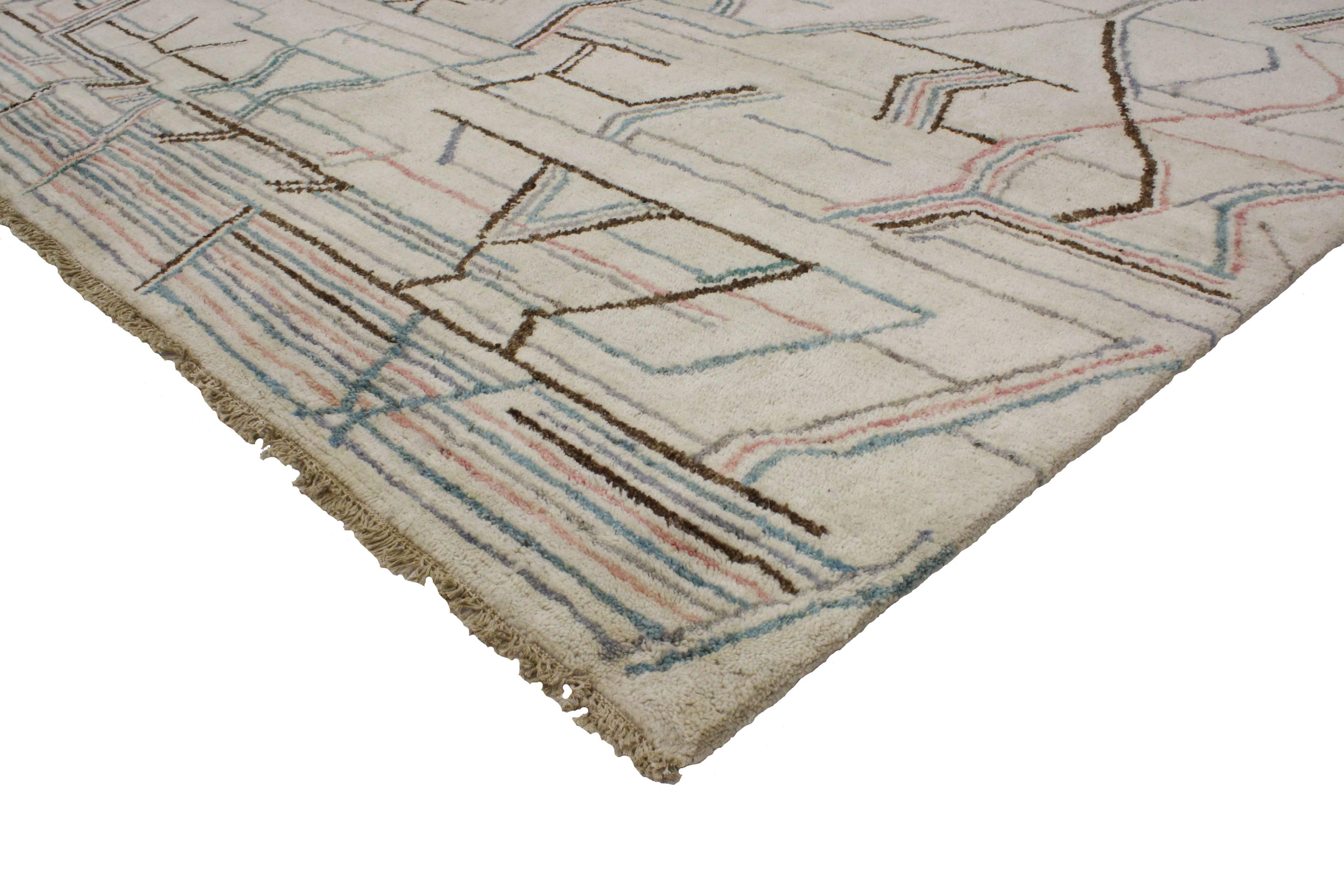 80294 Contemporary Moroccan Style Area Rug with Geometric Abstract Art Design. This Moroccan style rug introduces a geometric abstract art pattern with a pop of color offering warmth, luxe style and understated elegance. Rendered in variegated