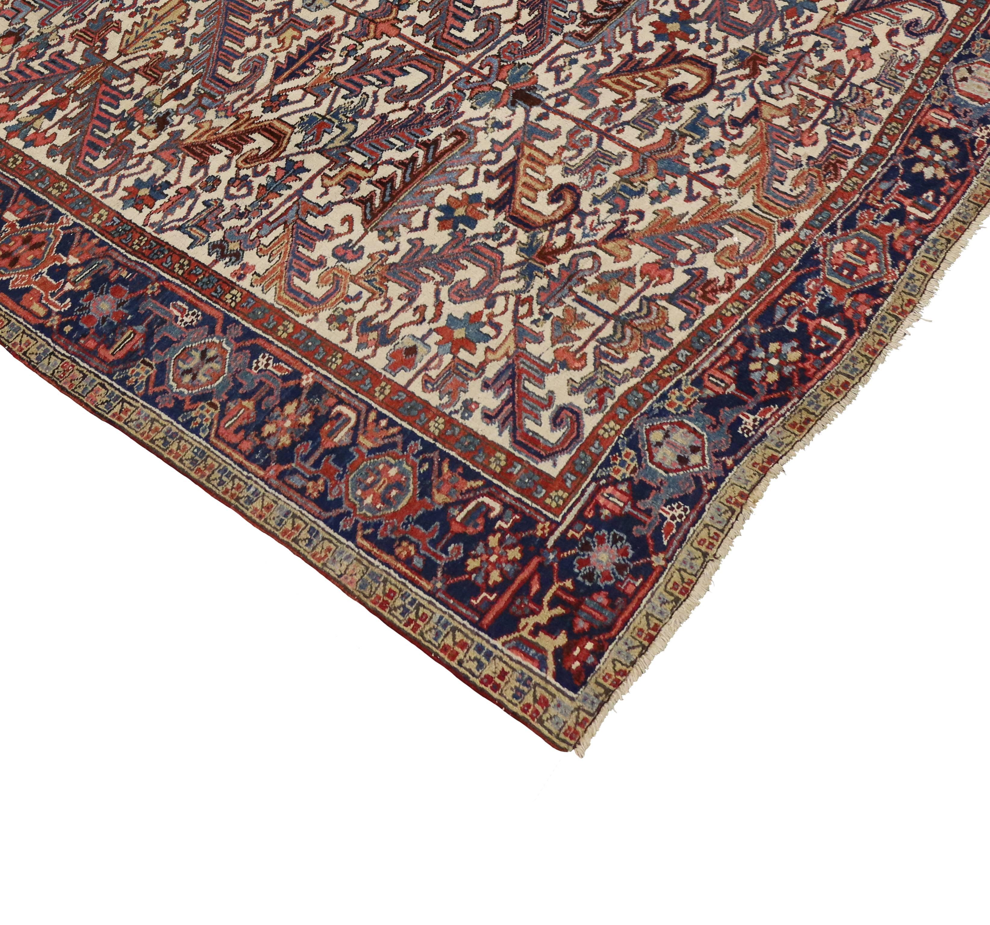 73342 Antique Persian Heriz Rug with Modern Tribal Style. With an artful balance between delicacy and the geometric design, this antique Persian Heriz rug will infuse your home with incomparable warmth and refinement. This antique Persian Heriz rug