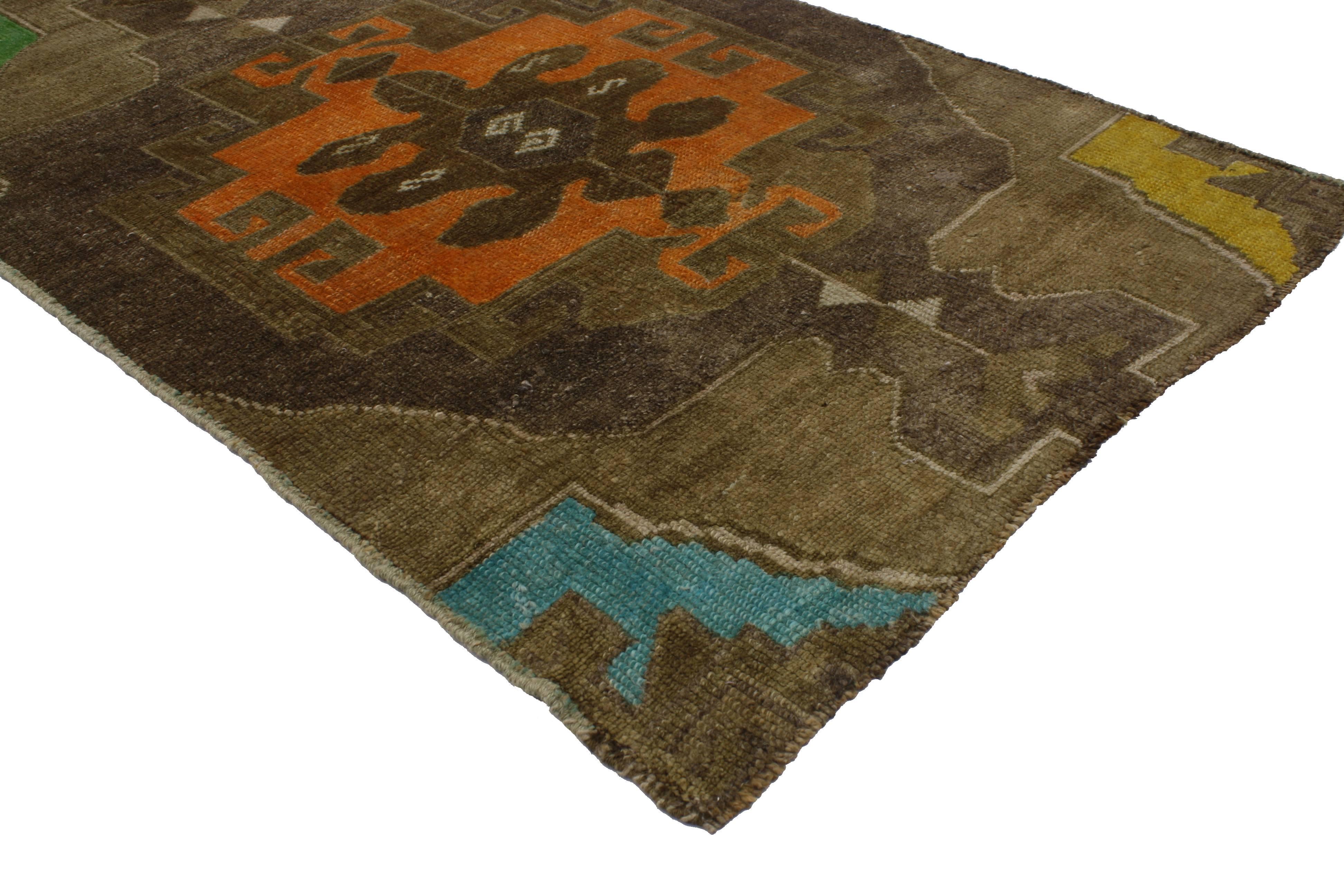Hand-Knotted Vintage Turkish Oushak Runner with Modern Contemporary Style, Painted Oushak Rug