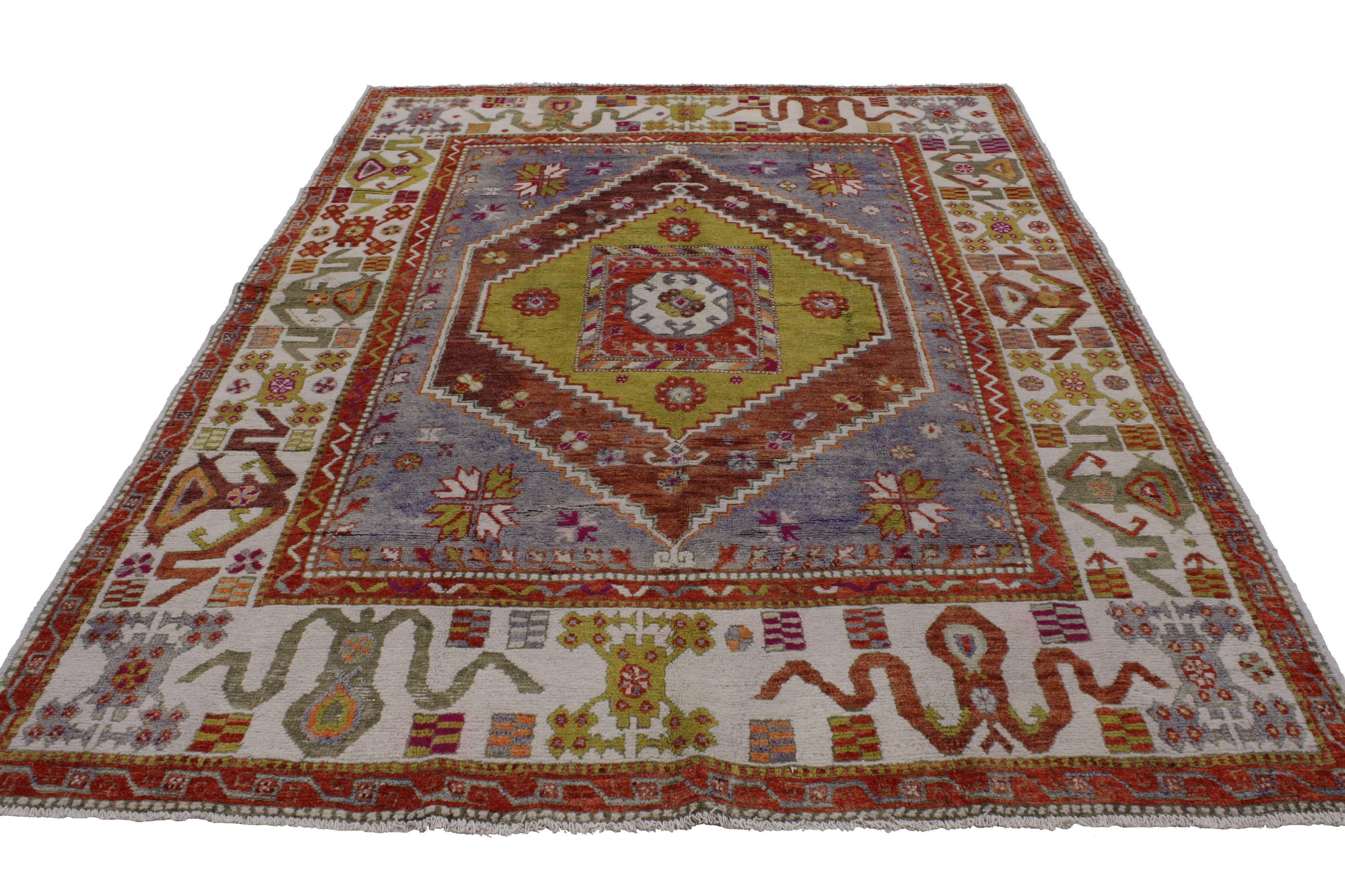 Hand-Knotted Modern Vintage Turkish Oushak Rug with White Border and Blue Field