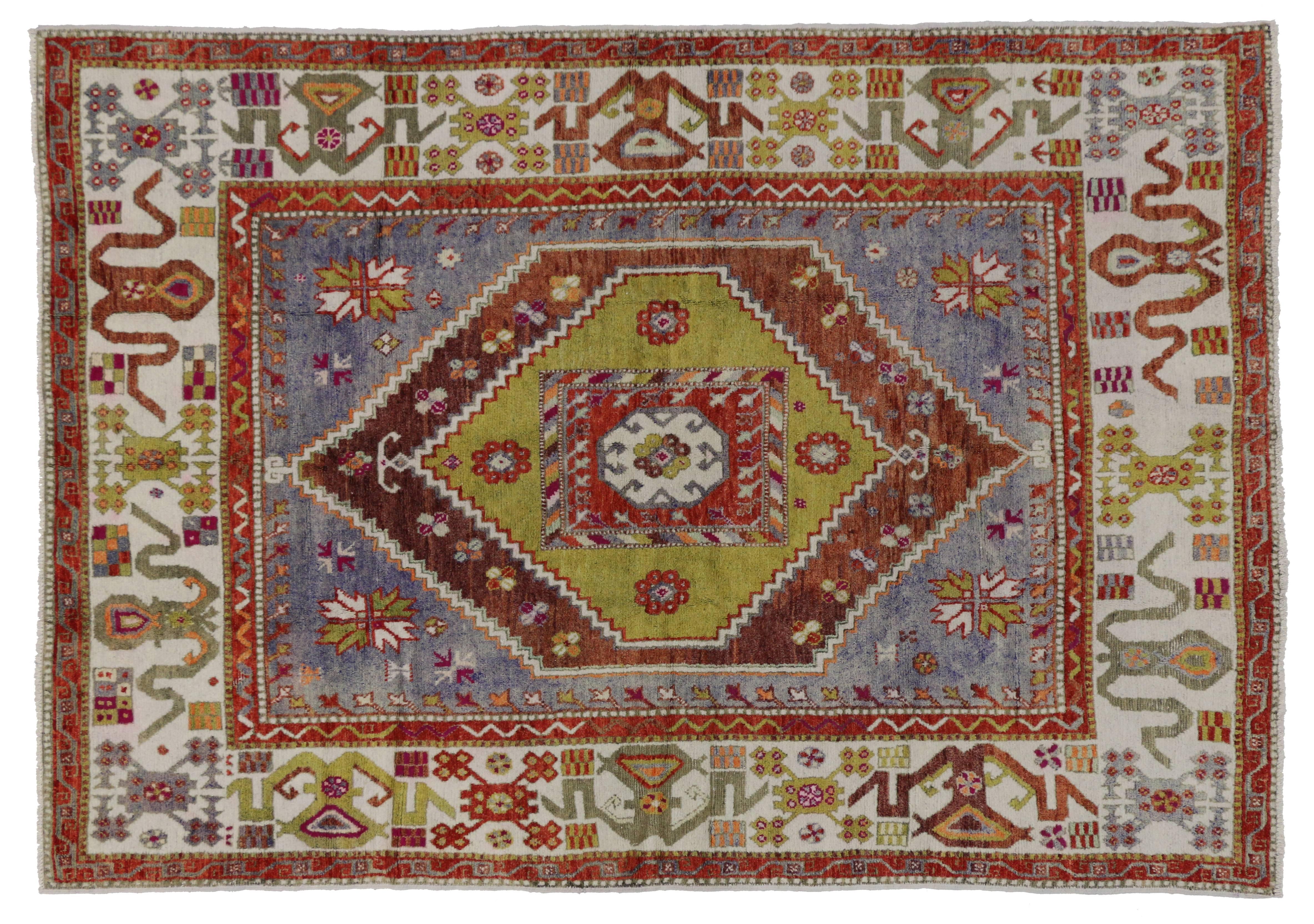 Modern Vintage Turkish Oushak Rug with White Border and Blue Field In Excellent Condition In Dallas, TX