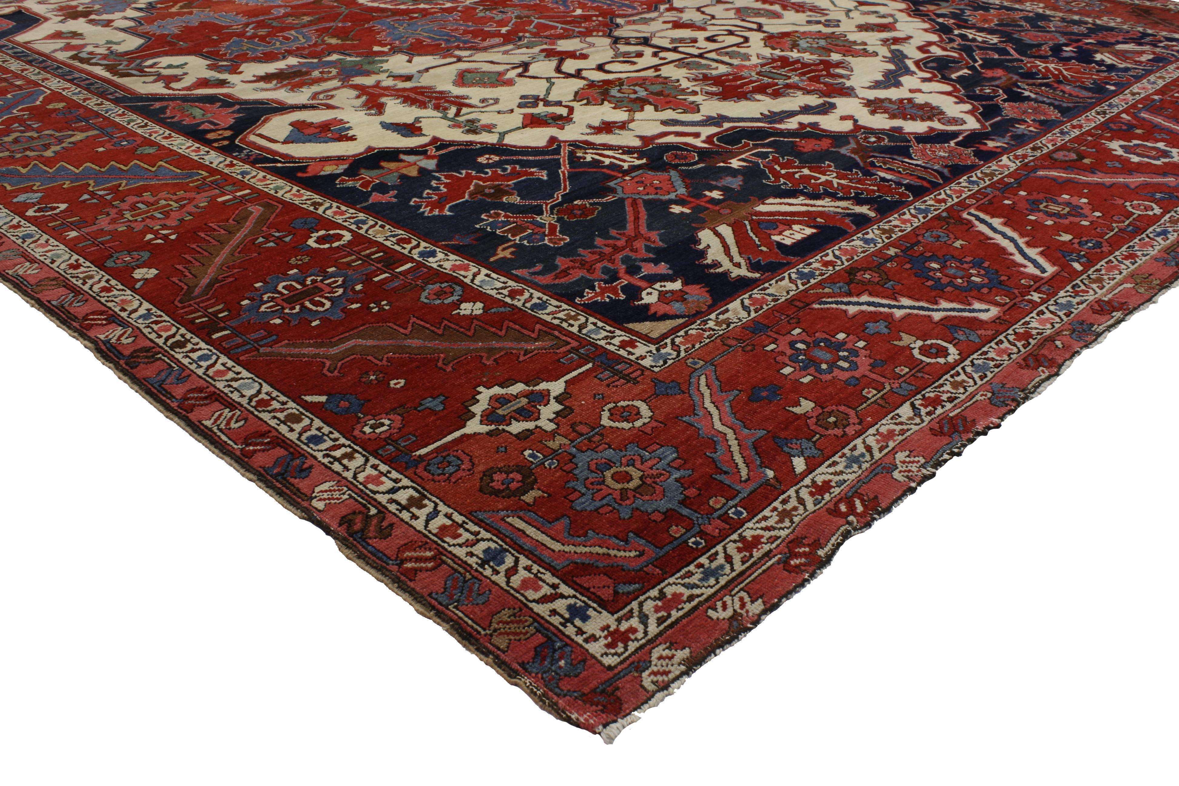 76849 Antique Persian Serapi Rug with Modern English Tudor Style 11'07 x 15'04. With its architectural design elements and striking appeal combined with a bold refined color palette, this hand knotted wool Tudor style antique Persian Serapi rug can
