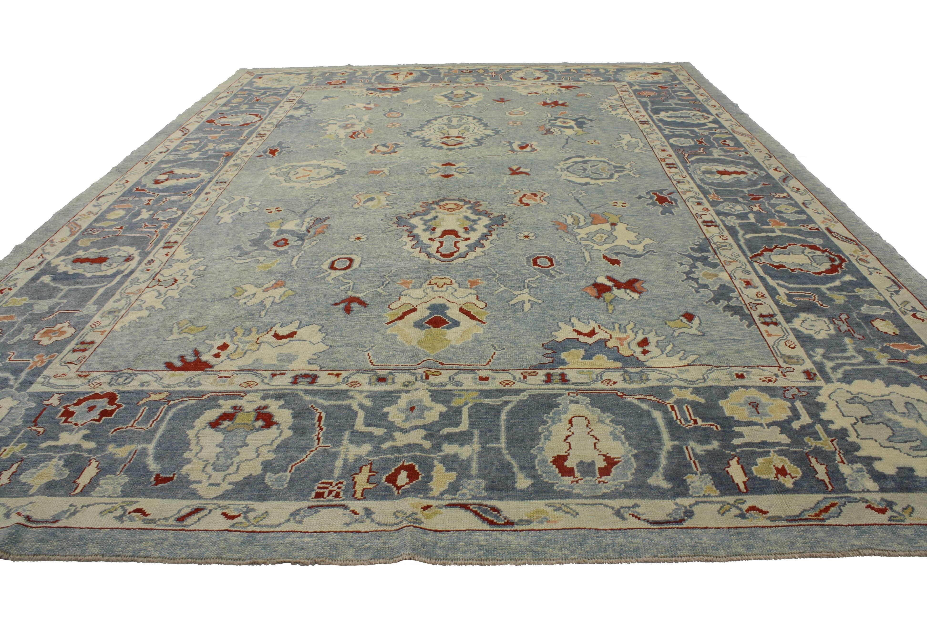 Hand-Knotted Modern Turkish Oushak Rug with Transitional Style in Sky Blue