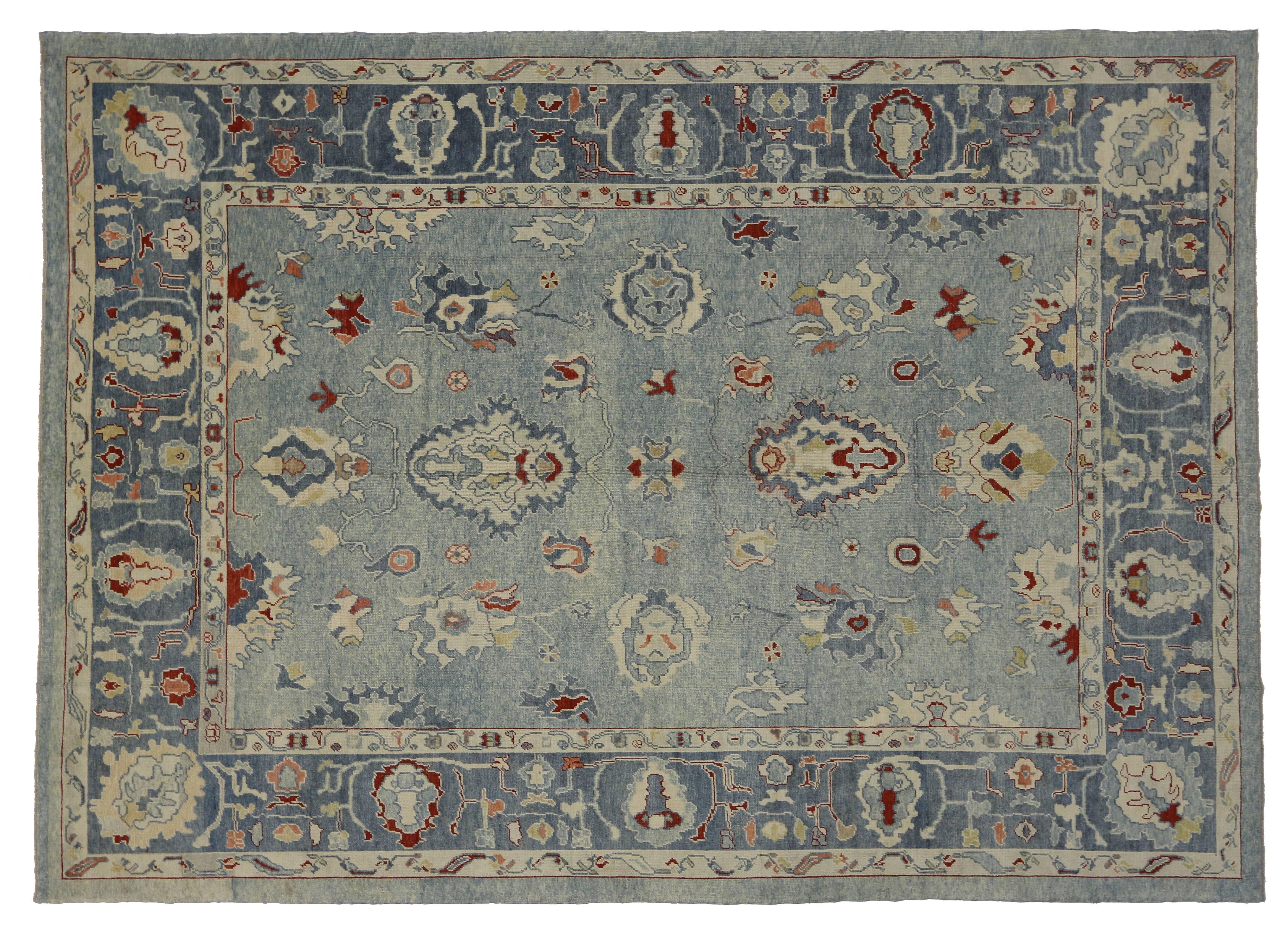 Wool Modern Turkish Oushak Rug with Transitional Style in Sky Blue