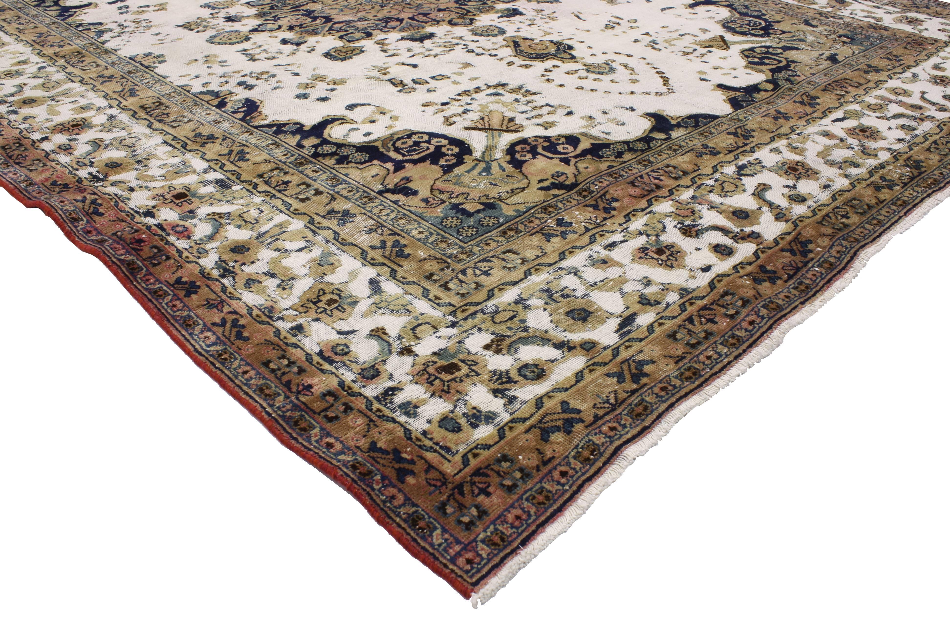 76827 Distressed Antique Persian Mahal Rug with Modern William and Mary Style. With its neutral color palette, straight and curved lines, this hand knotted wool distressed antique Persian Mahal area rug beautifully embodies William and Mary style