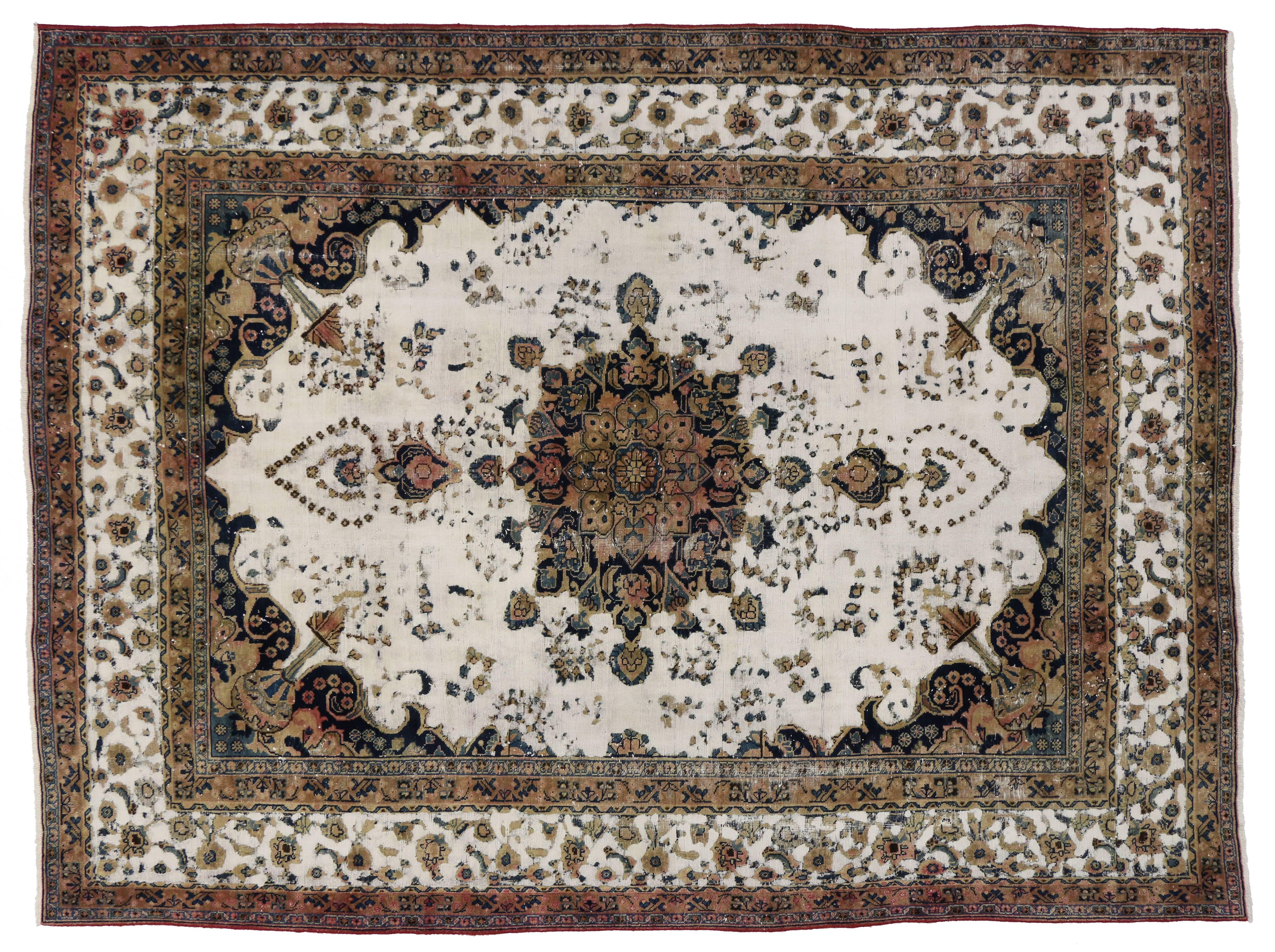 Hand-Knotted Distressed Antique Persian Mahal Rug with Modern William and Mary Style For Sale
