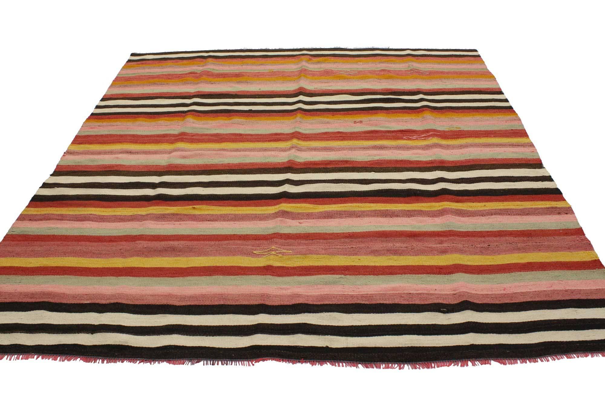 Hand-Woven Vintage Turkish Kilim Rug with Stripes and Boho Chic Style, Striped Flat-Weave