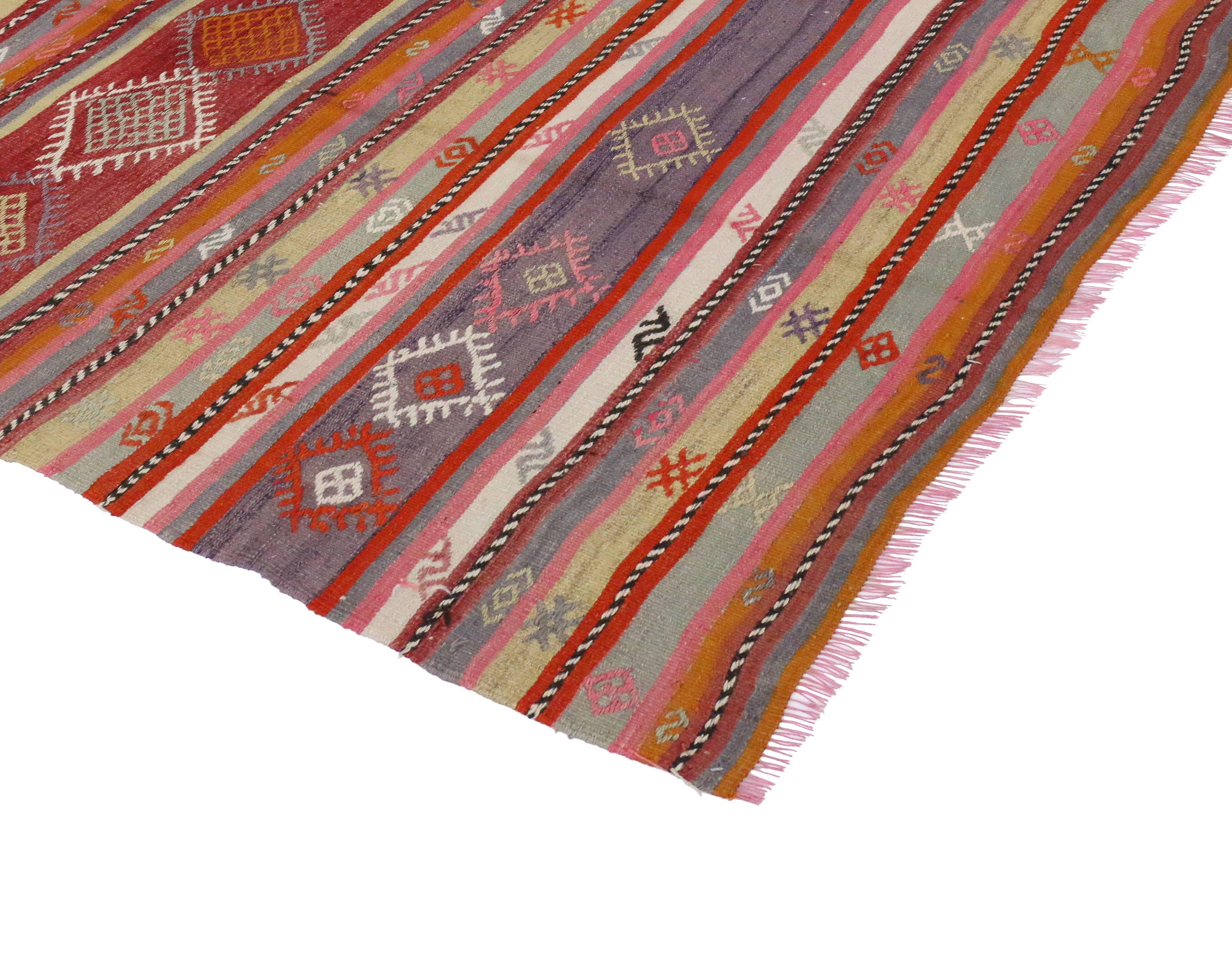 Bohemian Turkish Tribal Kilim with Boho Chic Style in Pink, Red and Purple Stripes