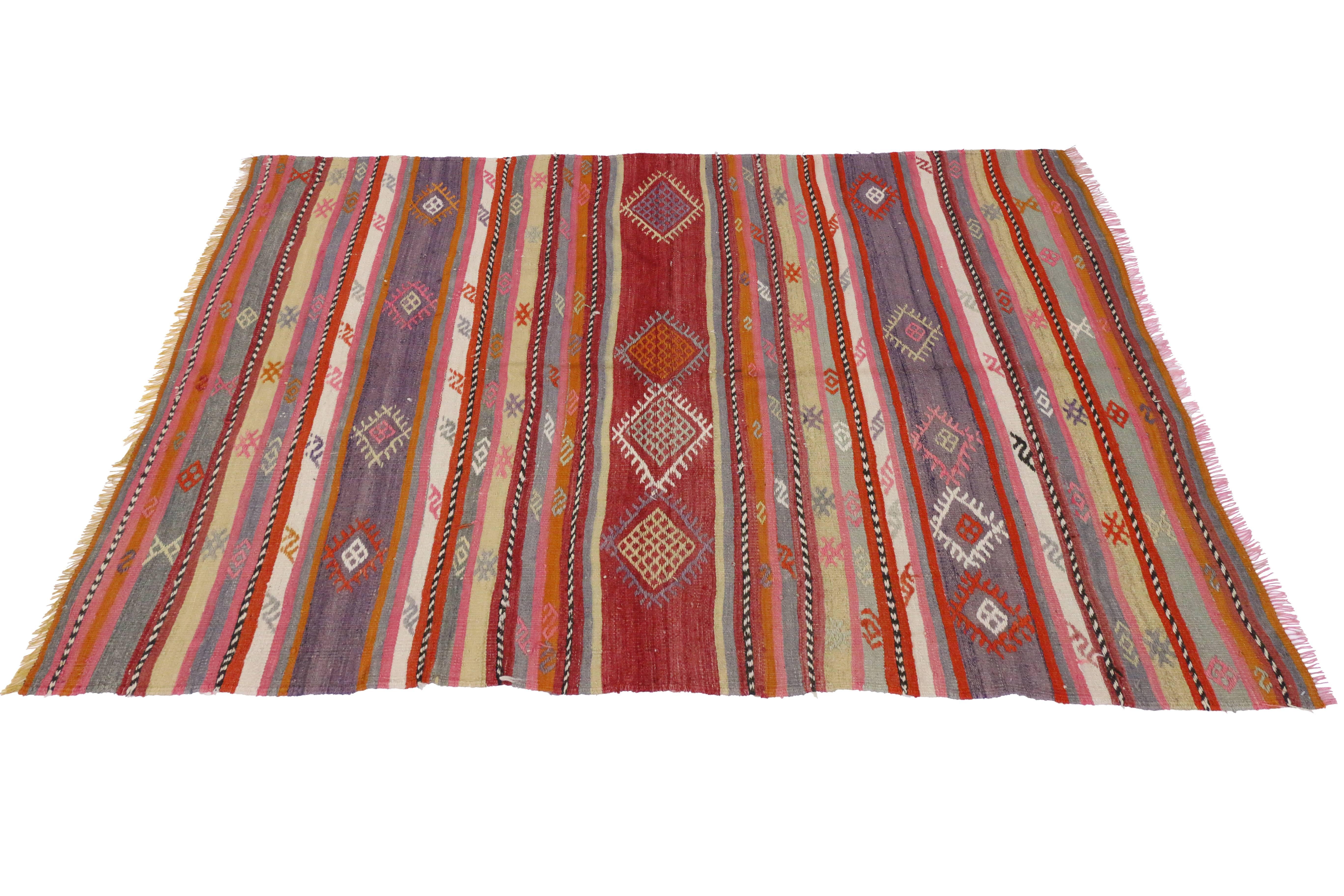 Hand-Woven Turkish Tribal Kilim with Boho Chic Style in Pink, Red and Purple Stripes