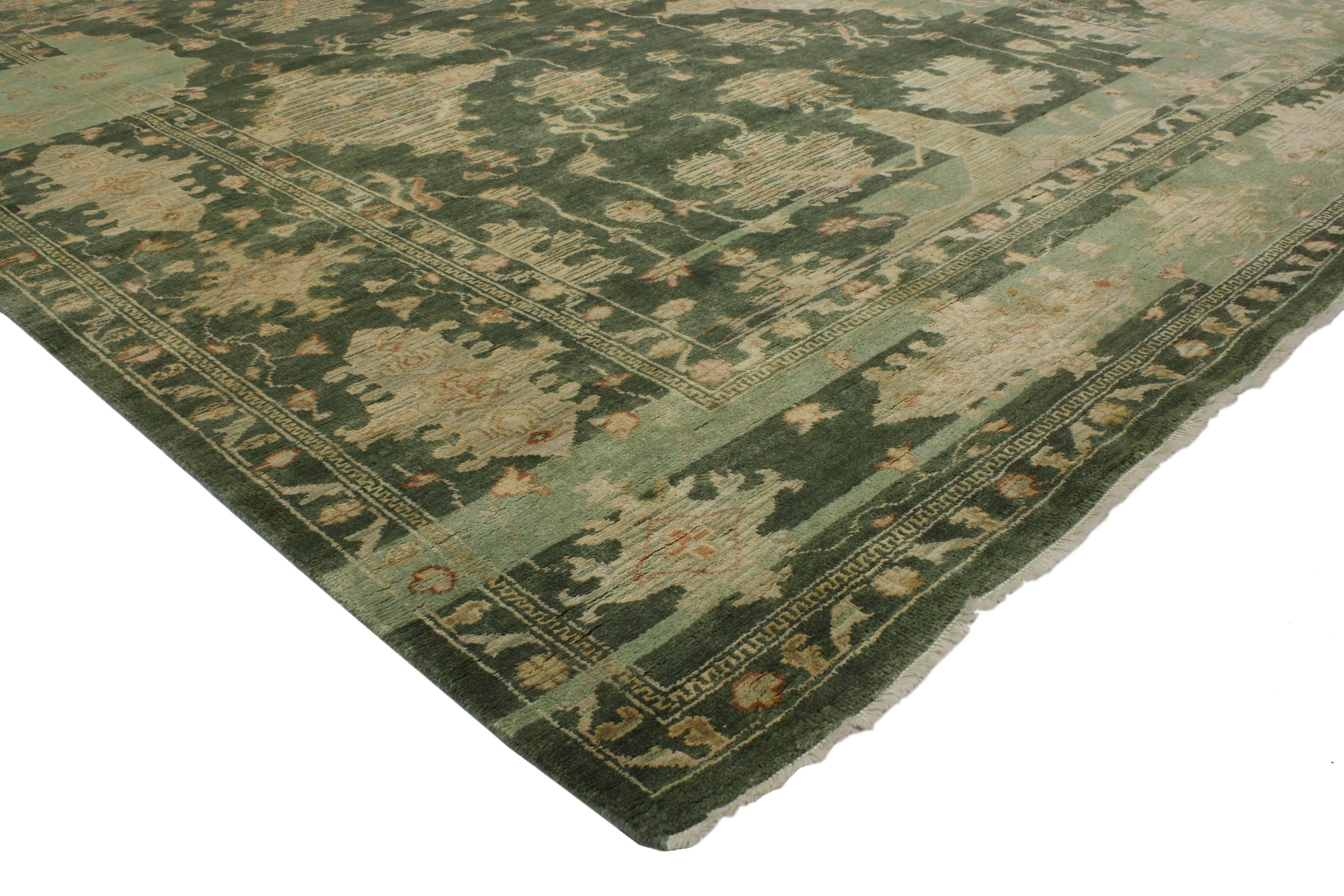 Indian Contemporary Green Oushak Style Rug with Modern Traditional Style