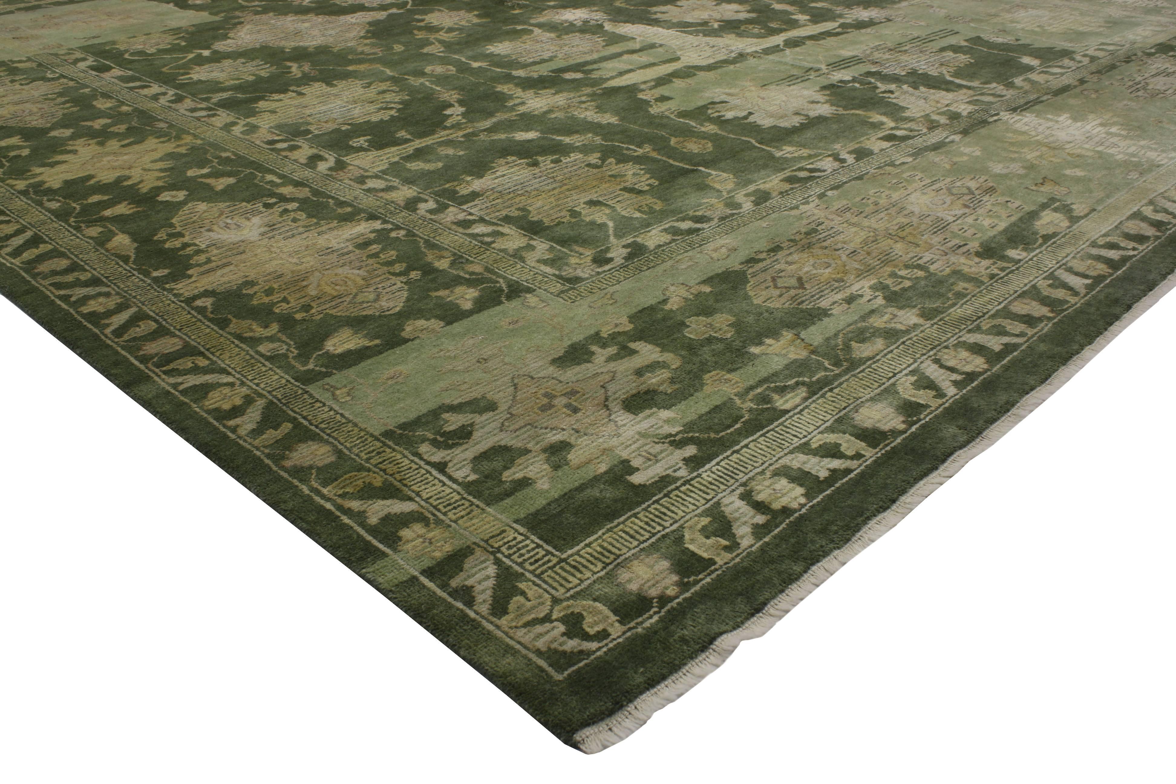 30316 New Transitional Area Rug with Modern Oushak Design, Green Oushak Style Rug. 30316 New Transitional Area Rug with Modern Oushak Design, 11'11 x 15'02. This hand-knotted wool transitional area rug features a modern Oushak design. The beauty