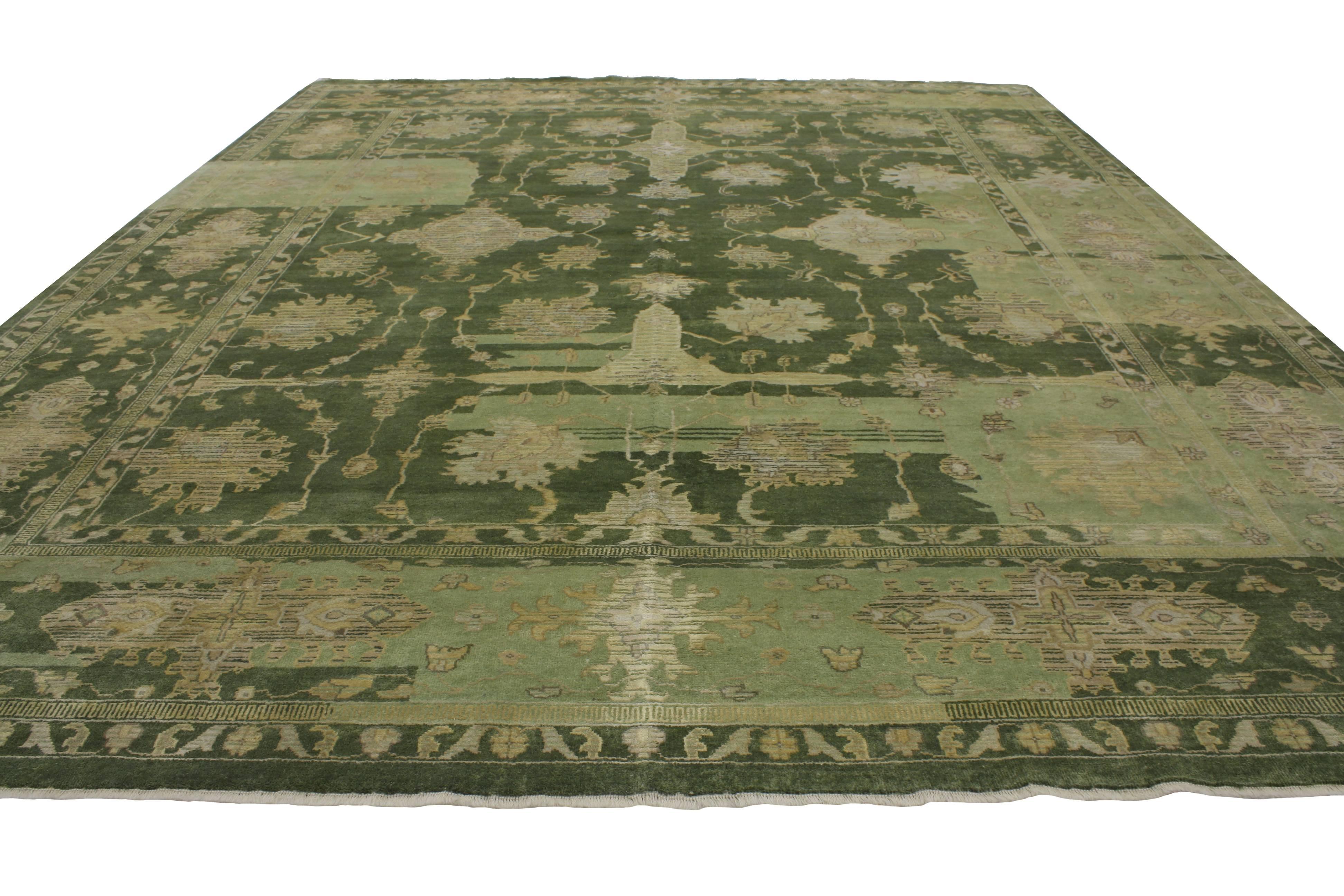 Indian New Transitional Area Rug with Modern Oushak Design, Green Oushak Style Rug