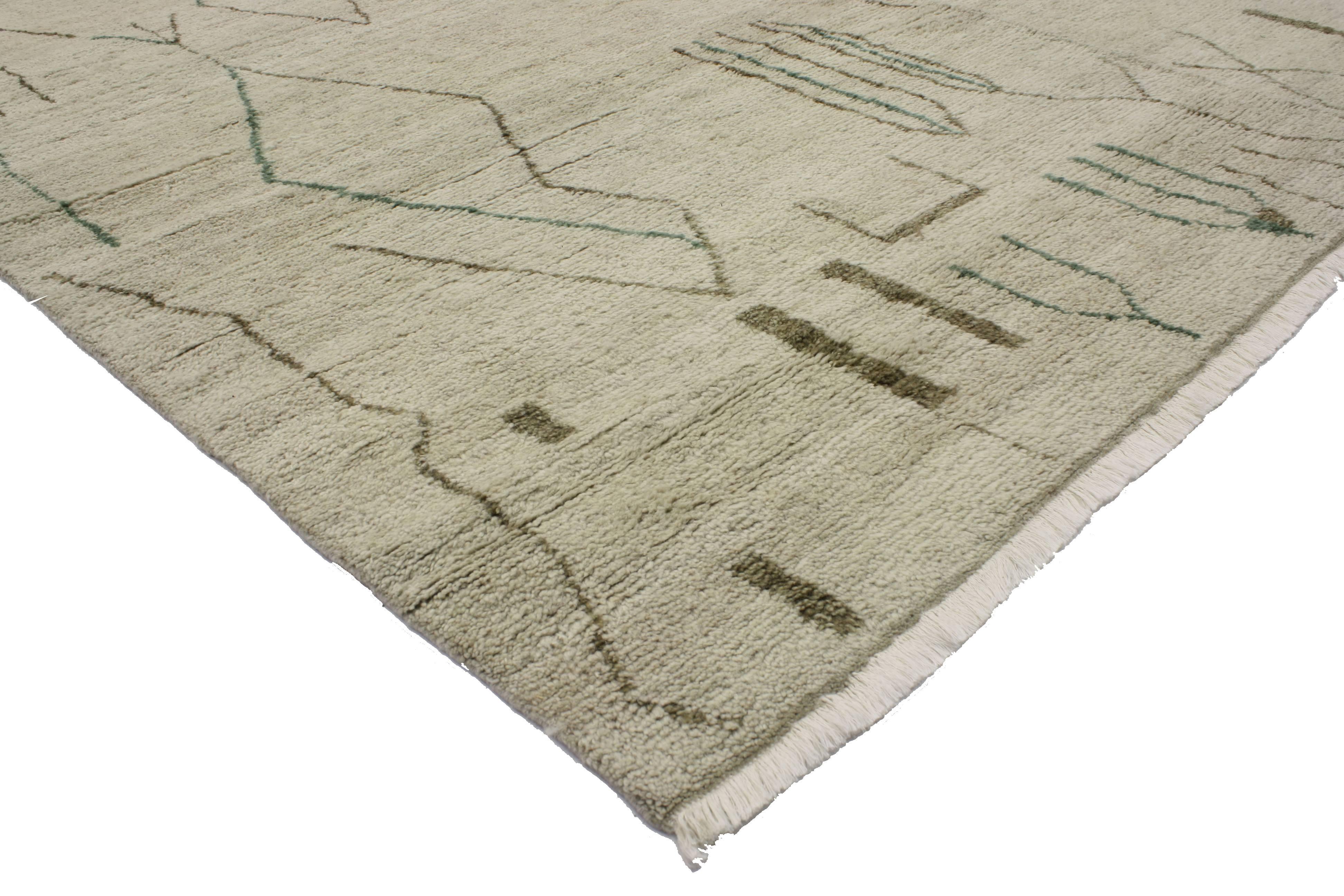 This is a fantastic example of Contemporary Moroccan rug with Brutalist design and Tribal Motifs. The free-form designs and Brutalist style in this Moroccan rug synthesize beautifully with modern architecture and can add much-needed texture and