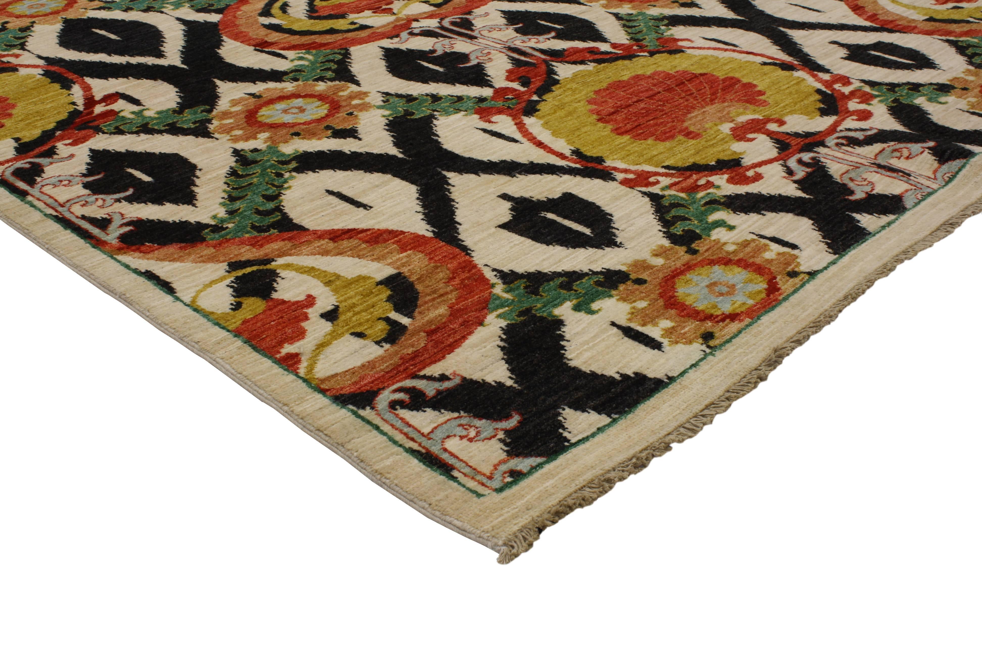 80357 New Transitional Area Rug with Modern Style. Evoke an exotic escape with this transitional rug featuring a contemporary ogival pattern and Modern style. This beautifully detailed transitional rug keeps the eyes entertained, yet it’s still