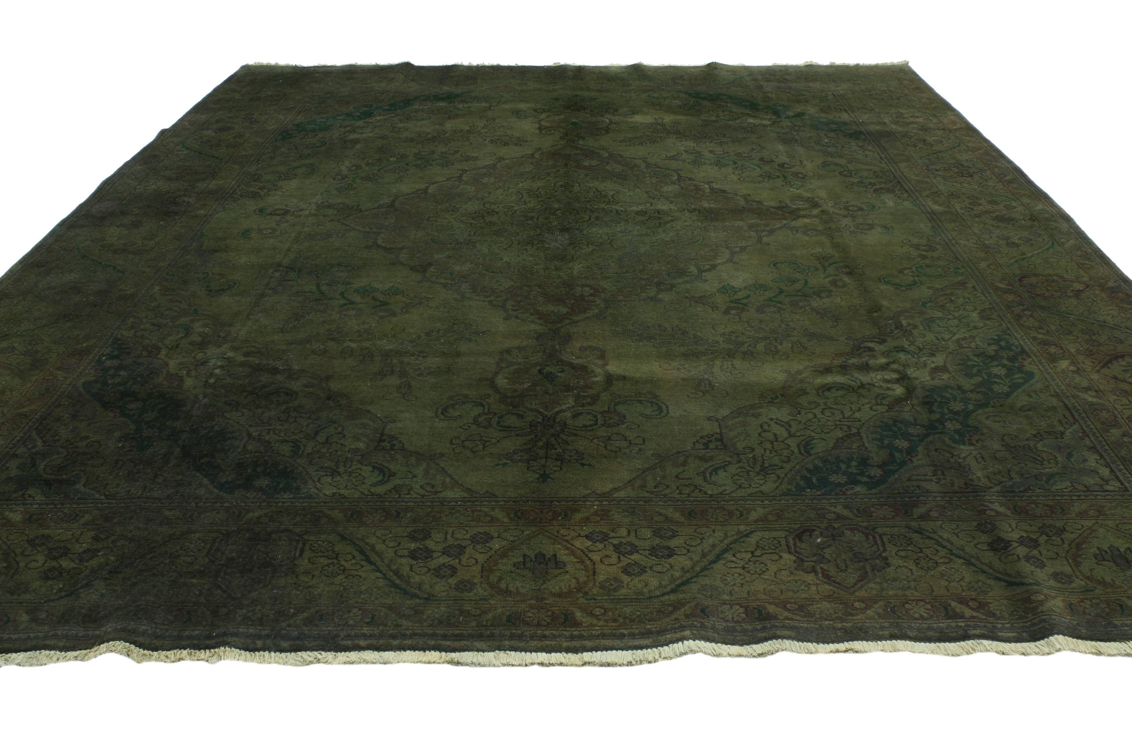 Hand-Knotted Vintage Persian Tabriz Rug Overdyed Green Rug with Modern Style