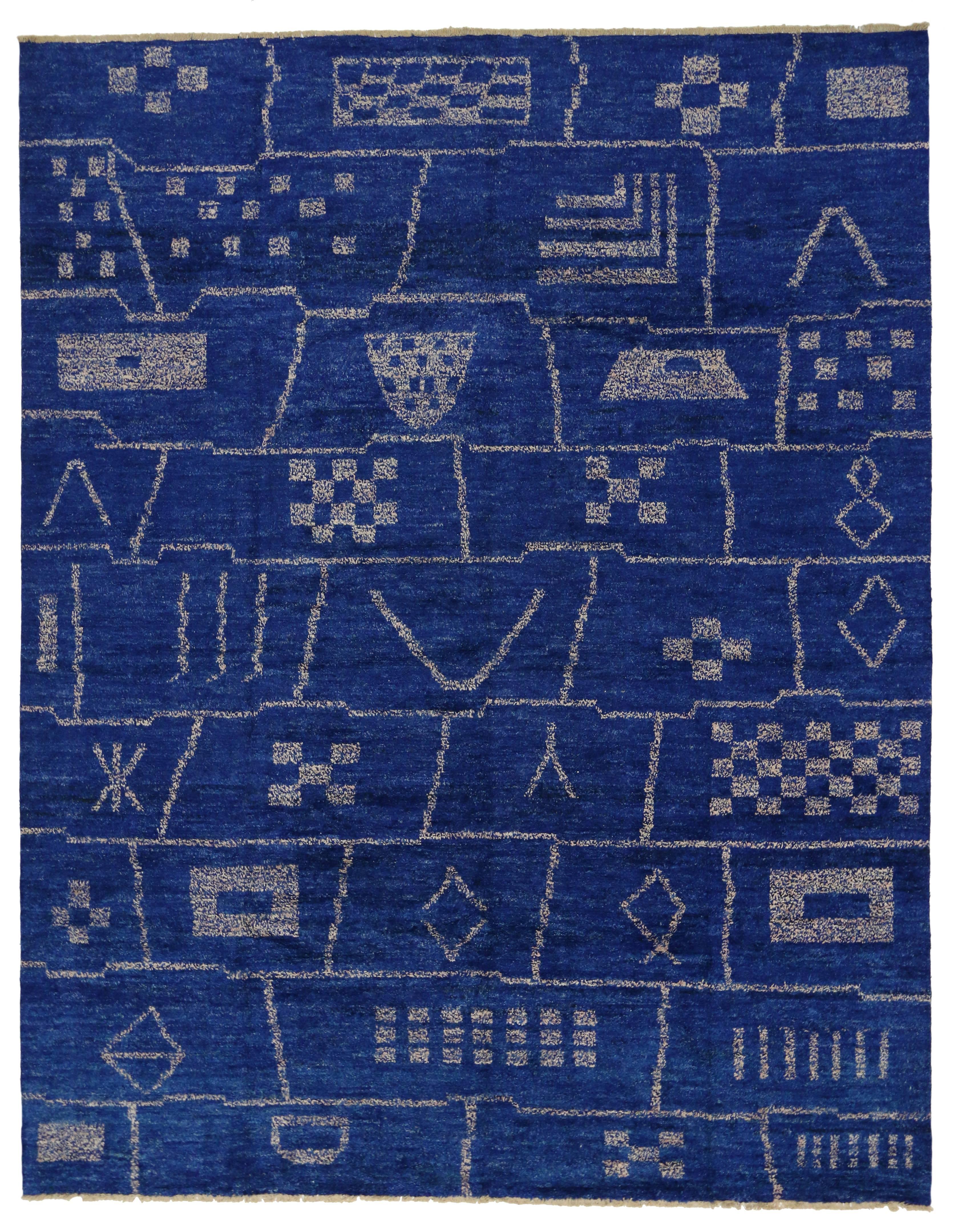 Pakistani Contemporary Moroccan Style Area Rug in Cobalt Blue with Tribal Style