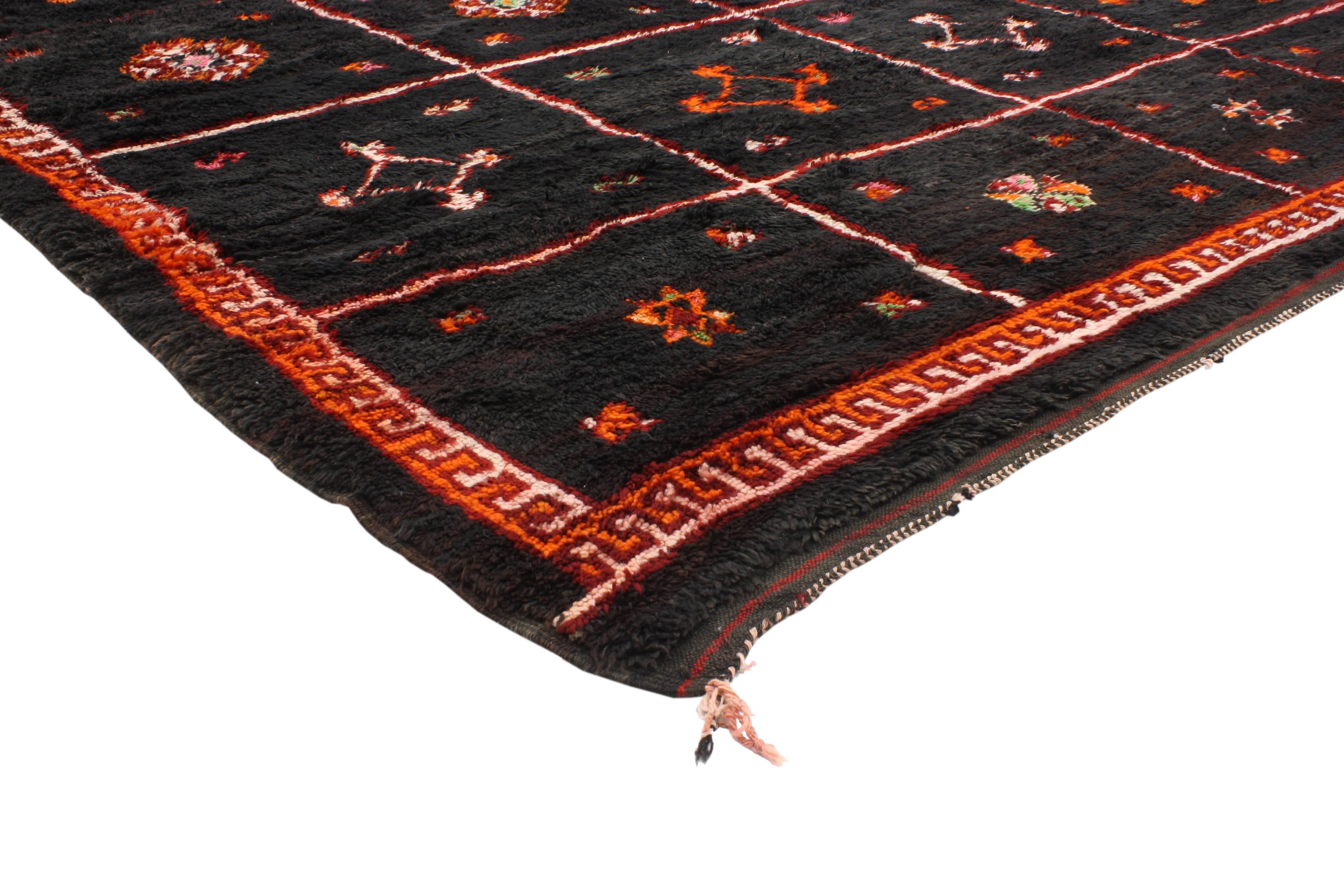 20337 Vintage Moroccan Rug, Black Moroccan Area Rug with Tribal Style. With a spectacular twist on Primitive Folk Art charm, this vintage Berber Moroccan rug features a modern tribal design. Classically composed and boasting a truly magnificent