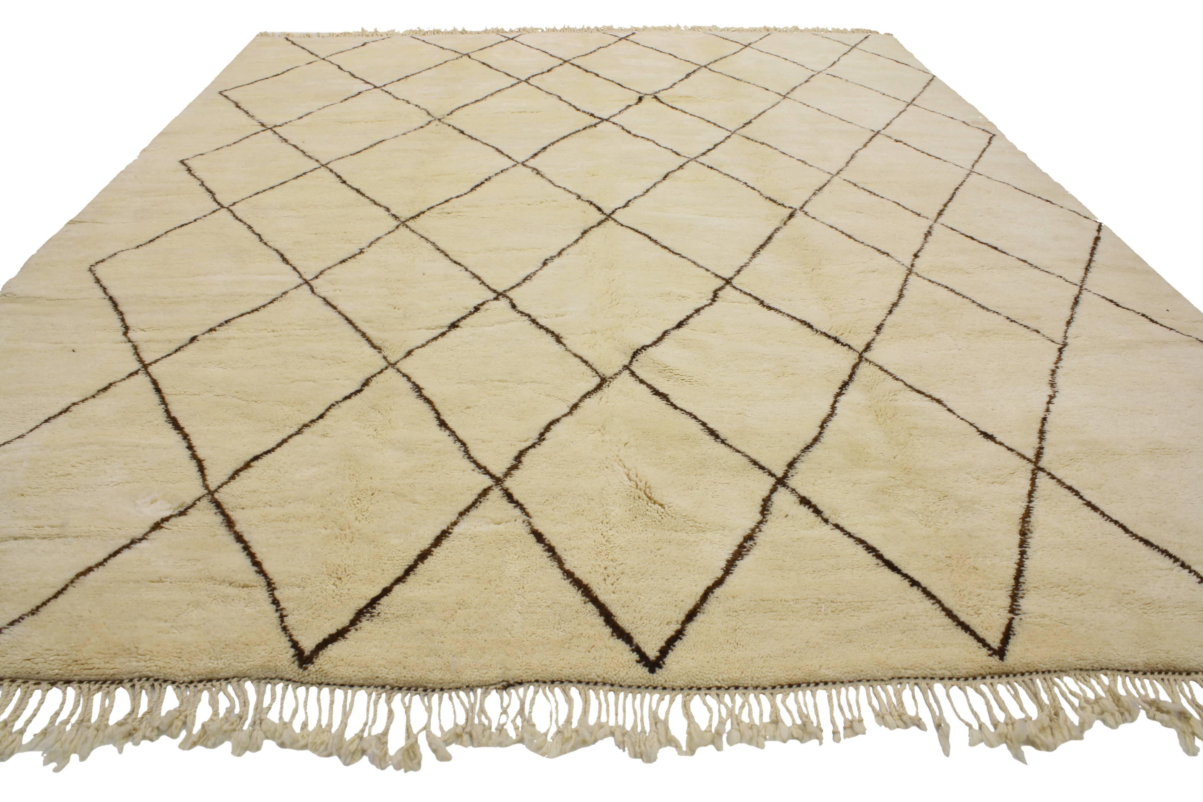 Hand-Knotted Mid-Century Modern Style Moroccan Rug with Minimalist Design