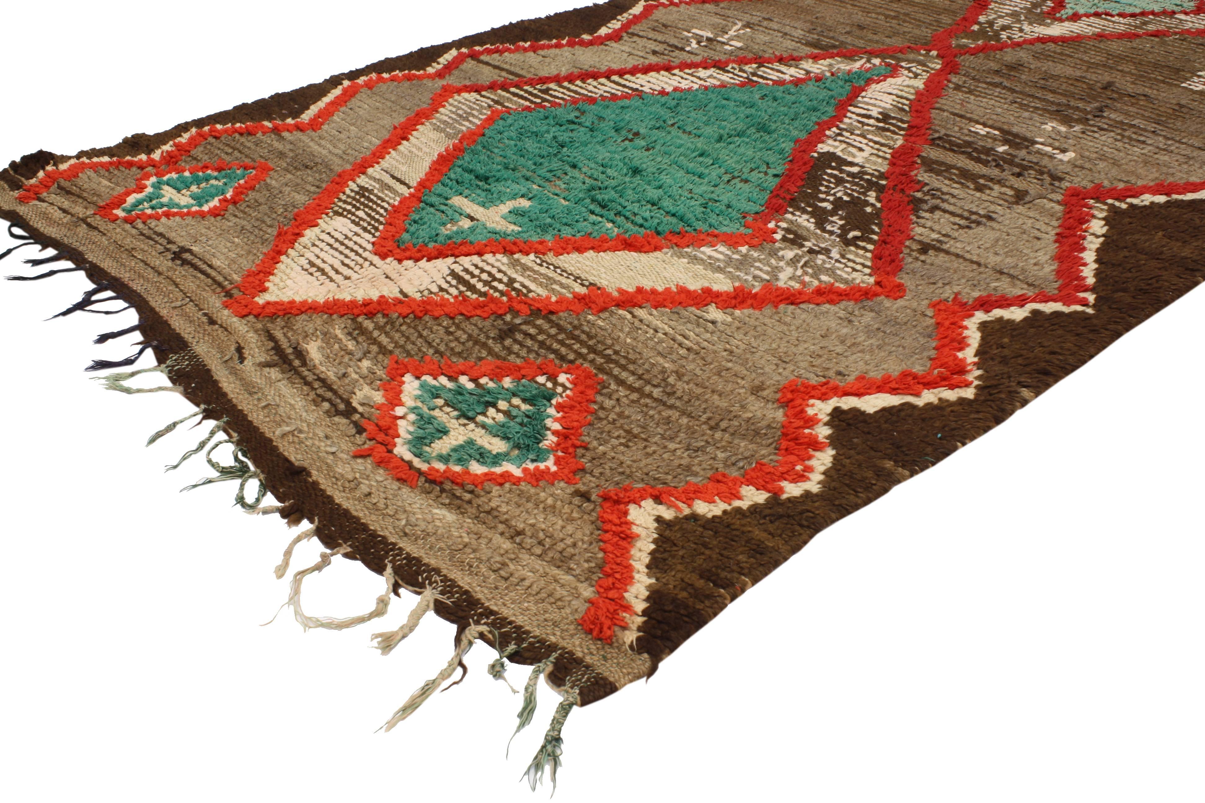 20370 Vintage Berber Moroccan Rug with Mid-Century Modern Style. Lacking a written language that has been passed down for hundreds of years, the tribal motifs found in this Moroccan rug connect the nomadic Berber tribe history with today's modern