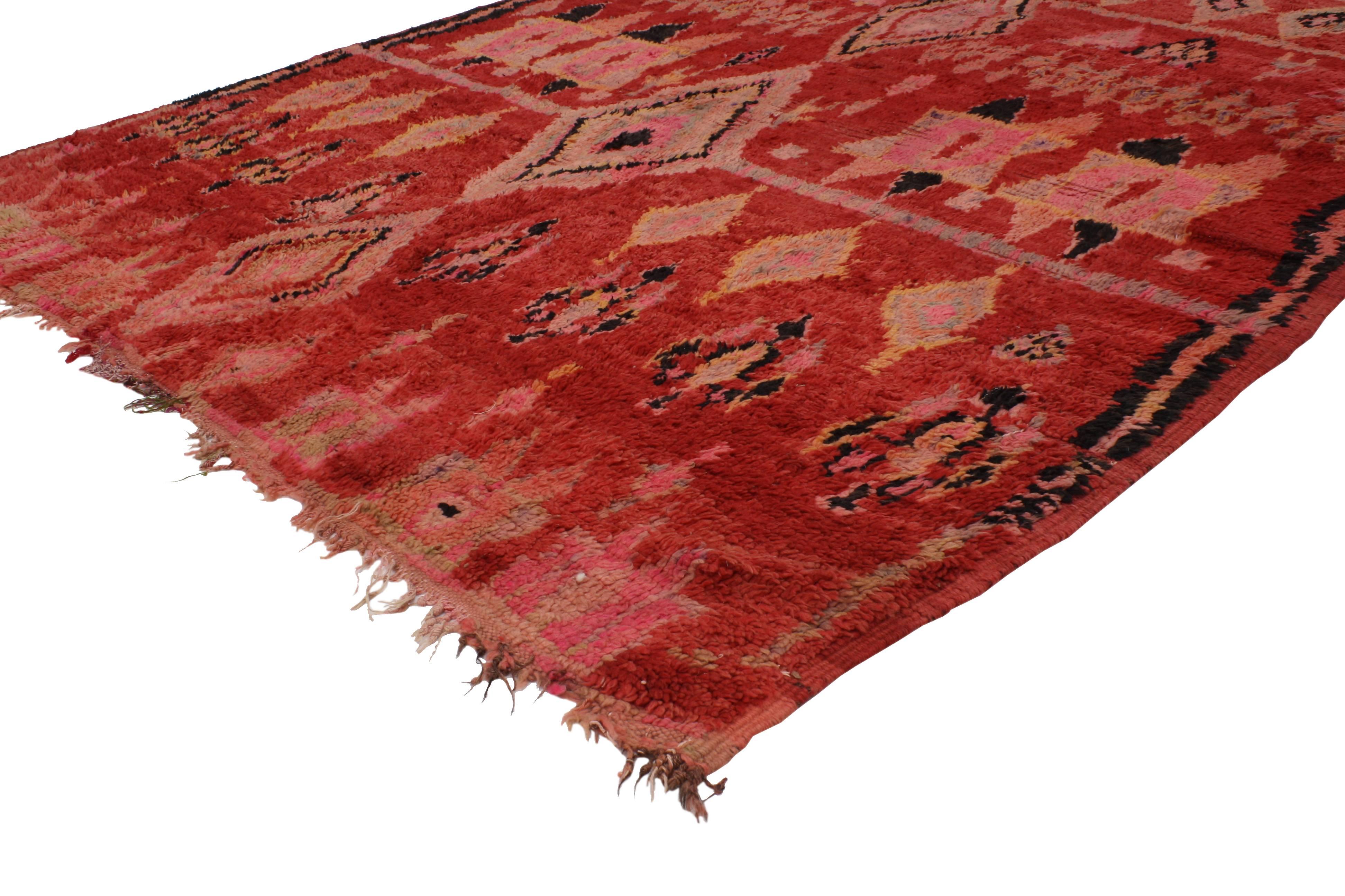 20376 Vintage Berber Red Moroccan Rug with Modern Tribal Design and Star of Solomon. Color, style and plush pile, this Mid-Century Modern vintage Berber Moroccan rug has it all. This Moroccan rug is heavily ornamented by the shape of a diamond,