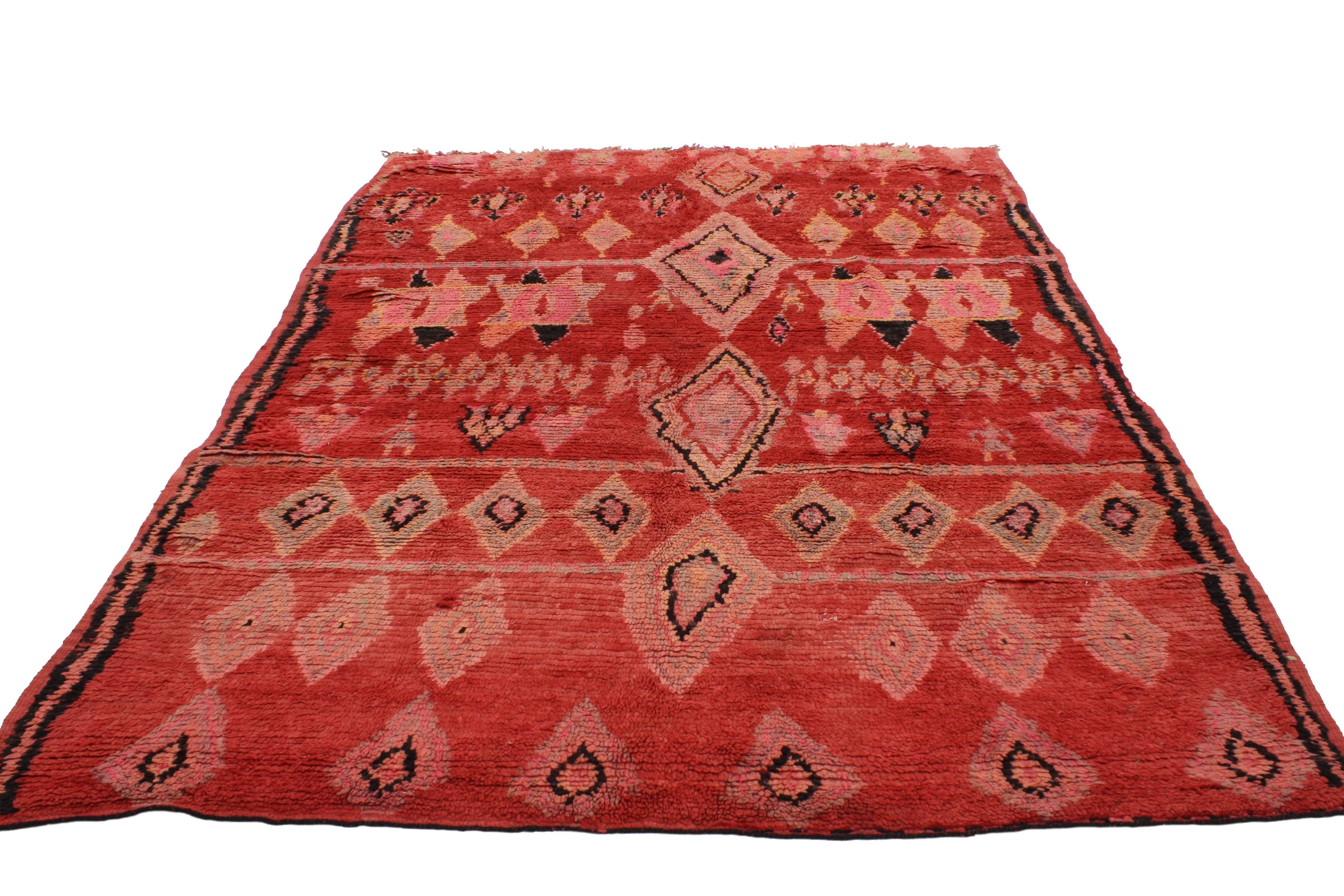 Hand-Knotted Vintage Berber Red Moroccan Rug with Modern Tribal Design and Star of Solomon