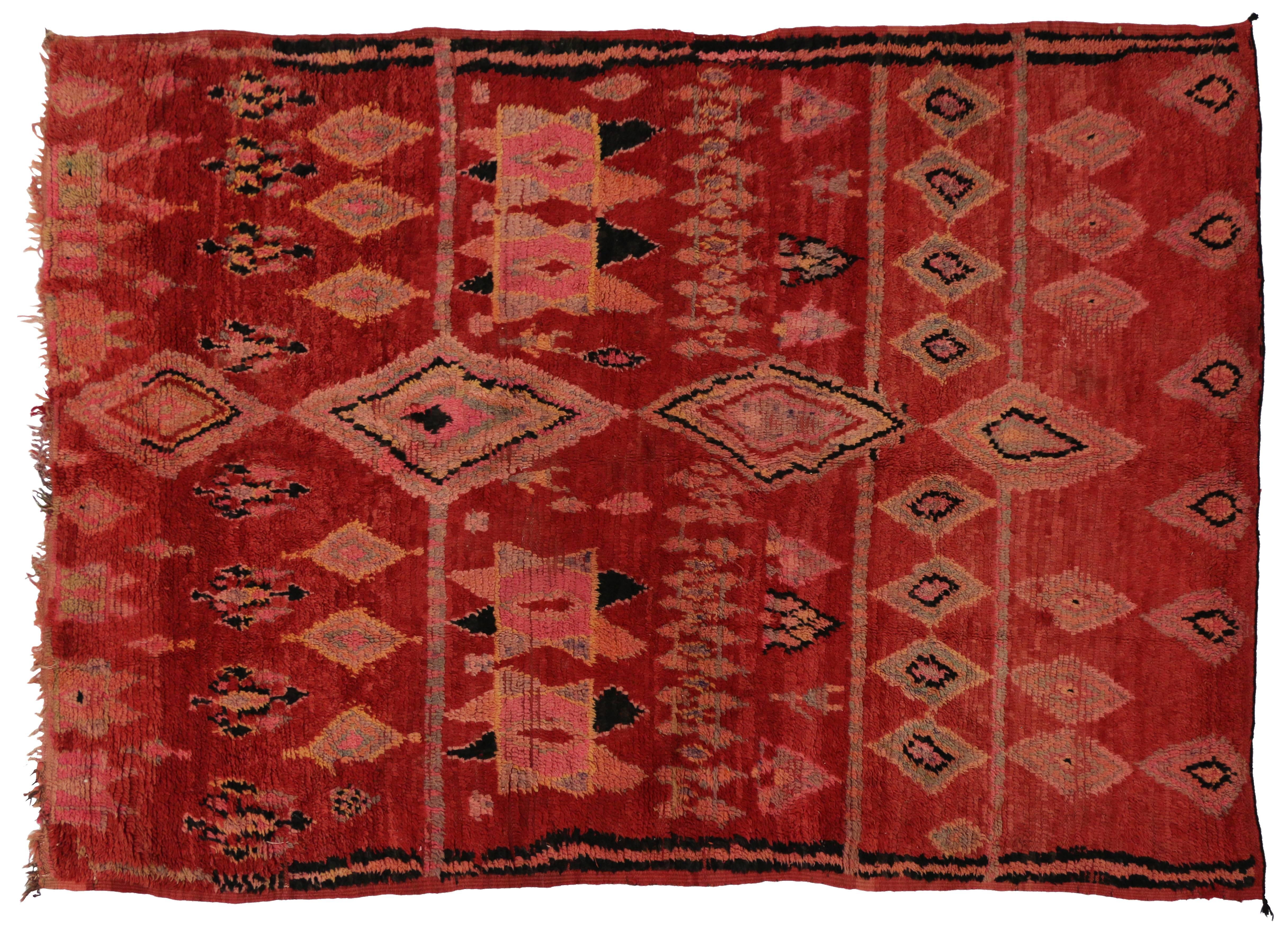 Vintage Berber Red Moroccan Rug with Modern Tribal Design and Star of Solomon In Excellent Condition In Dallas, TX