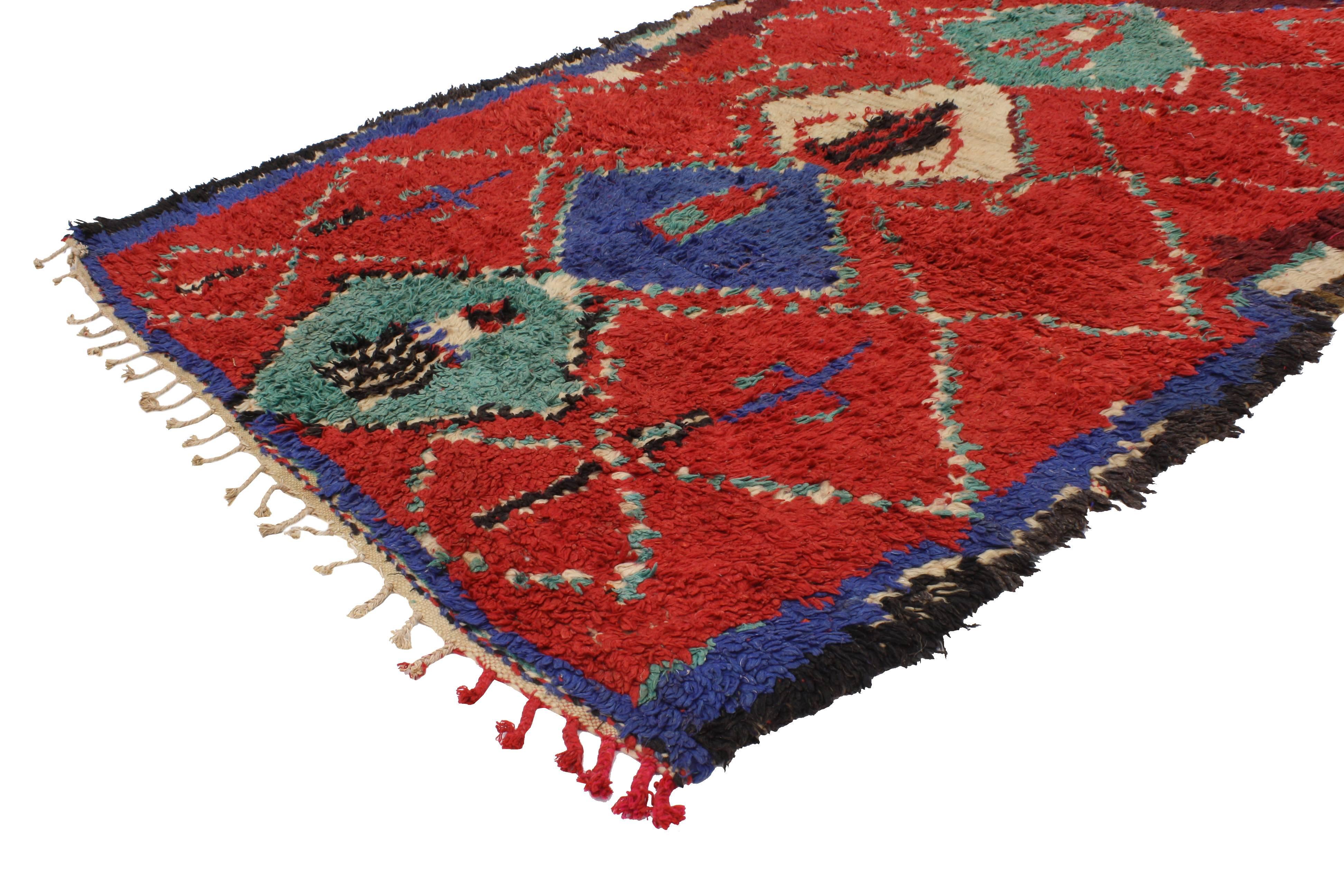 20379 Vintage Berber Moroccan Rug with Tribal Style, Shag Hallway Runner 04'02 x 08'08. A fiery shade of red provides a beautiful backdrop for the varied color diamonds that overlay this hand-knotted wool vintage Berber Moroccan rug runner. It