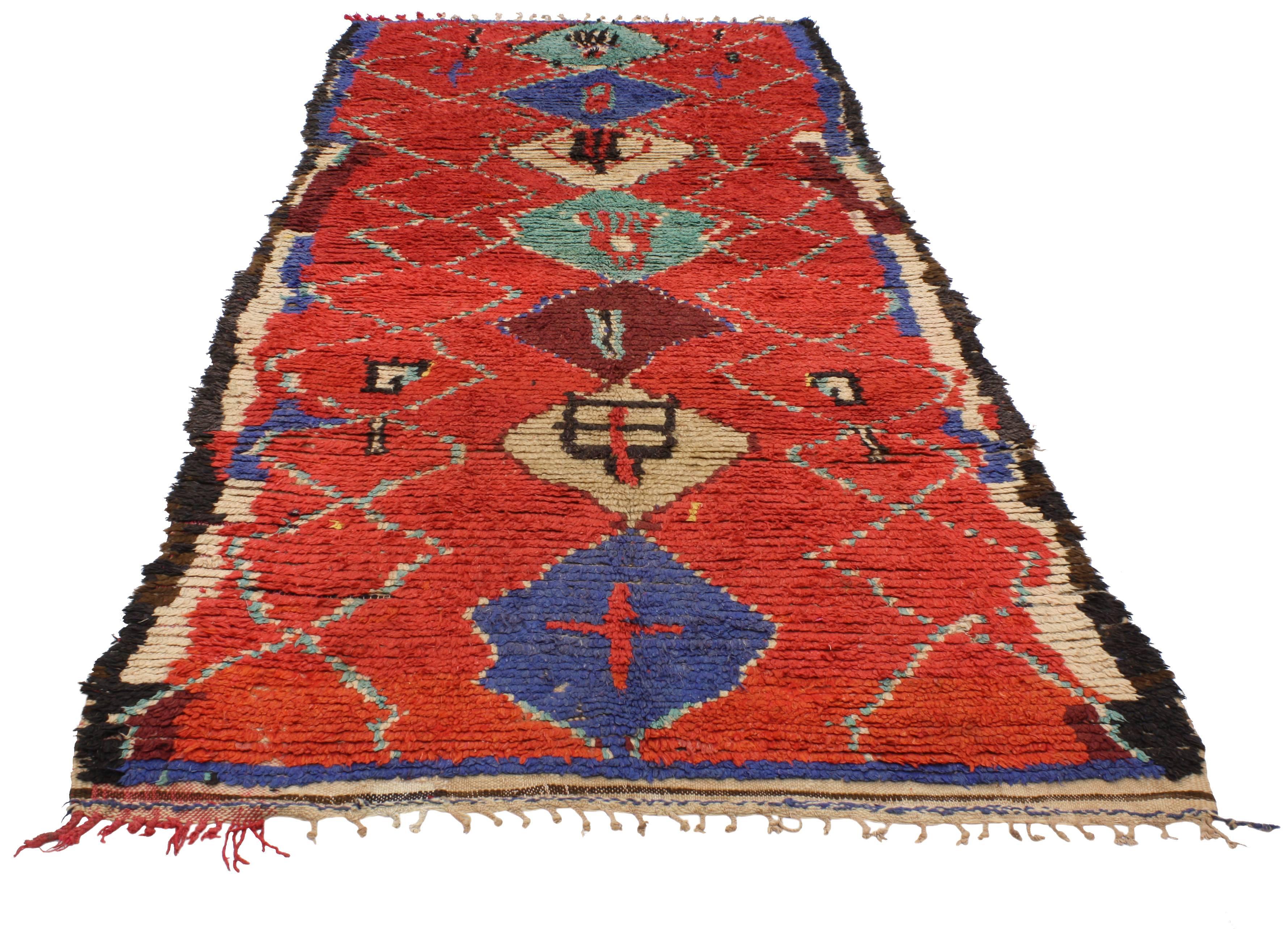 Hand-Knotted Vintage Berber Moroccan Rug with Tribal Style, Shag Hallway Runner