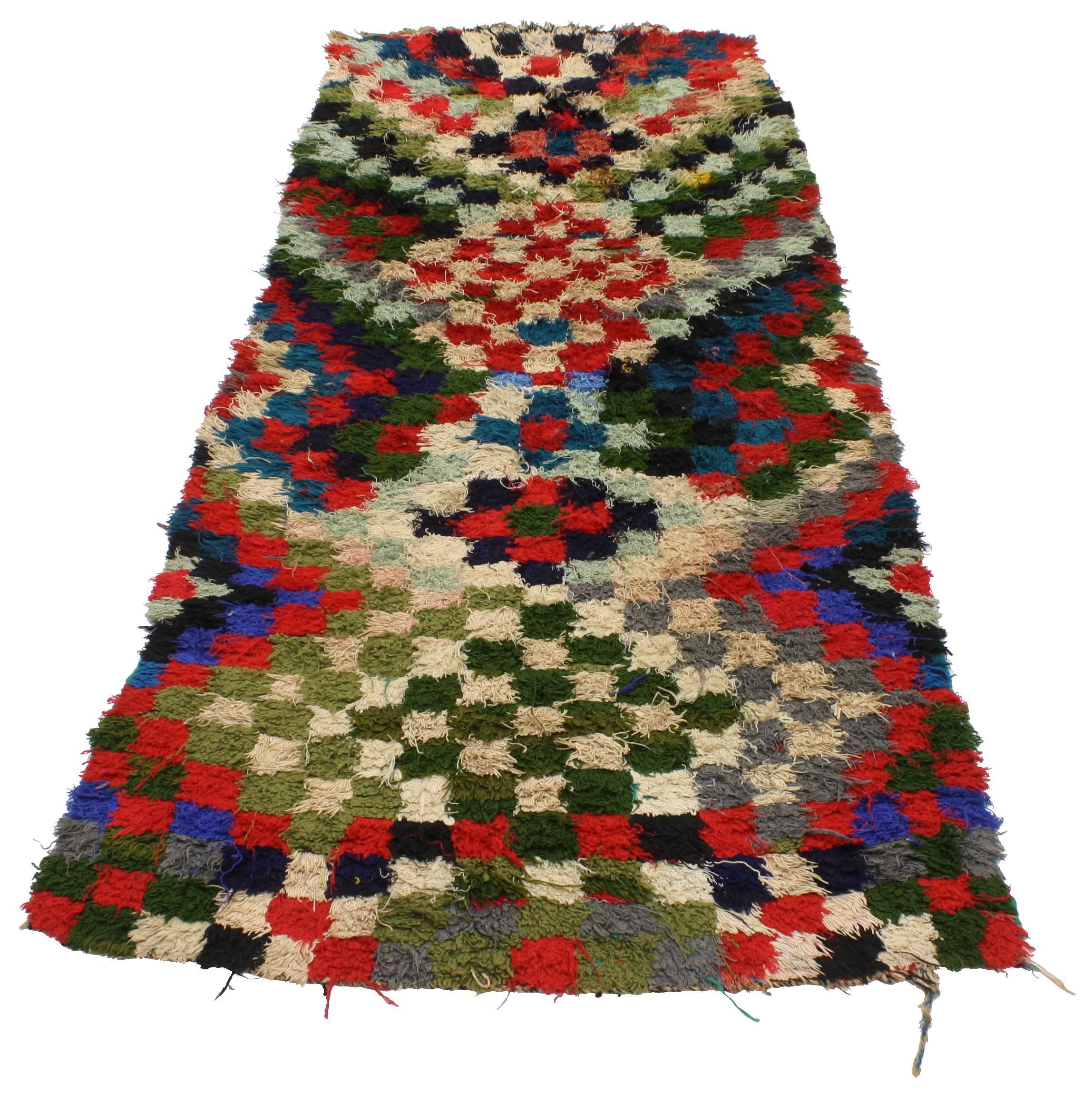 Hand-Knotted Vintage Boucherouite Moroccan Runner with Postmodern Bauhaus Cubism Style For Sale