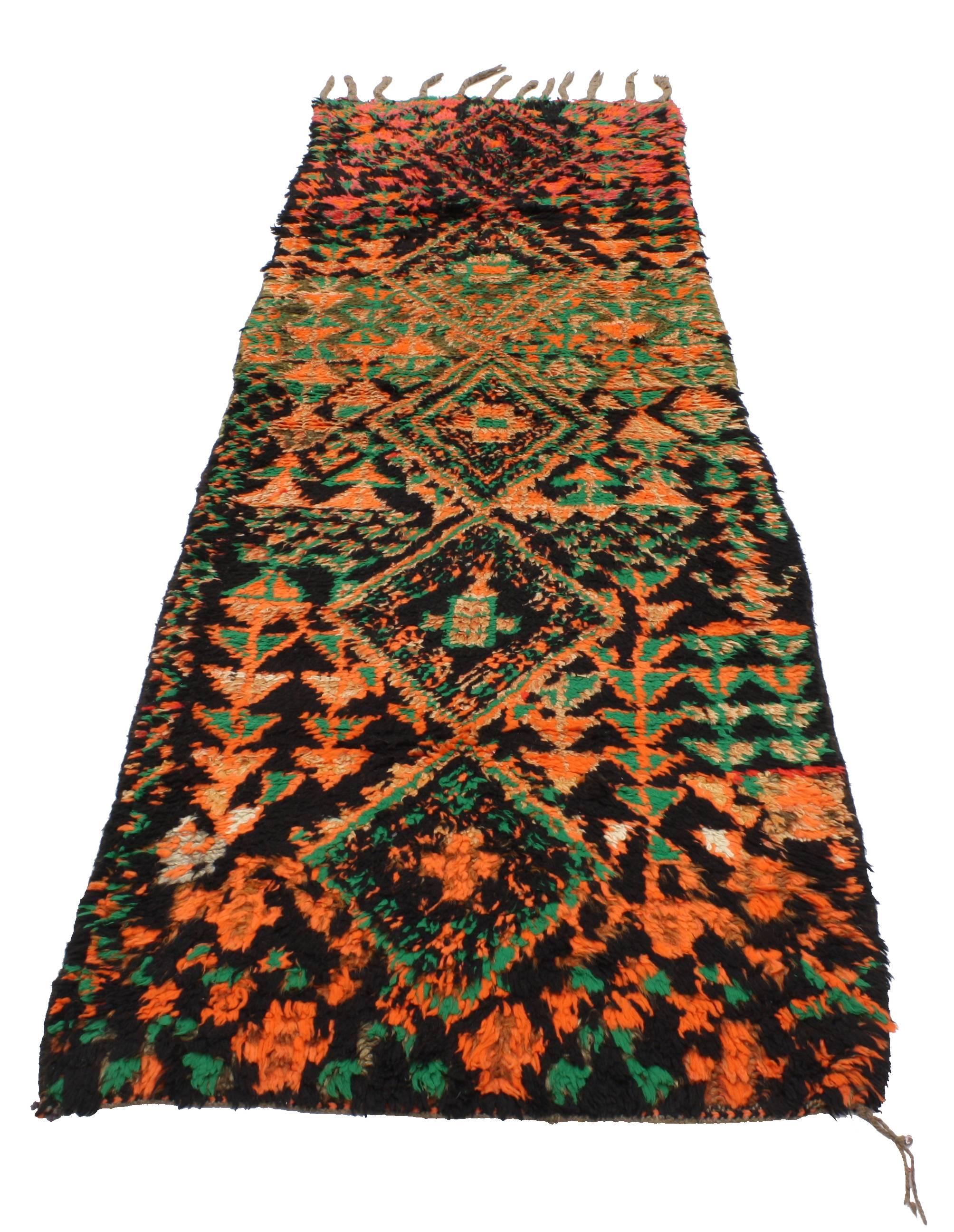 Hand-Knotted Vintage Moroccan Runner with Tribal Style, Moroccan Shag Hallway Runner For Sale