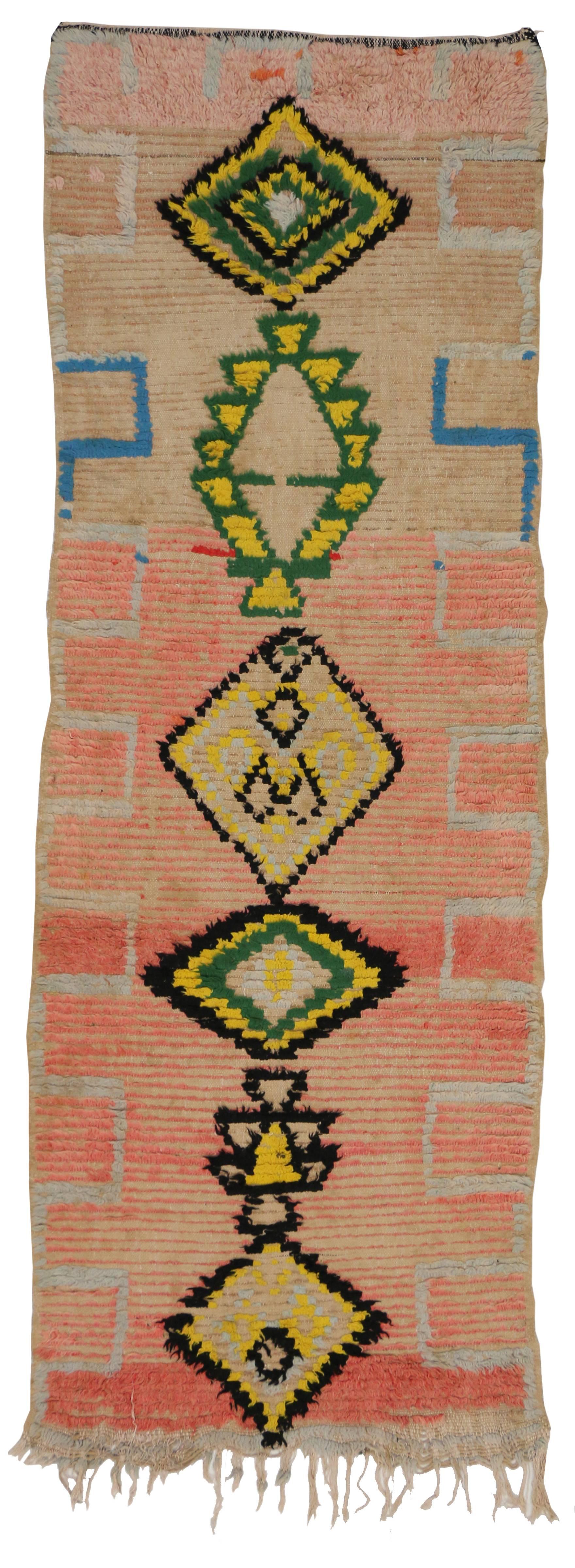 Wool Vintage Berber Moroccan Runner with Tribal Design, Shag Hallway Runner