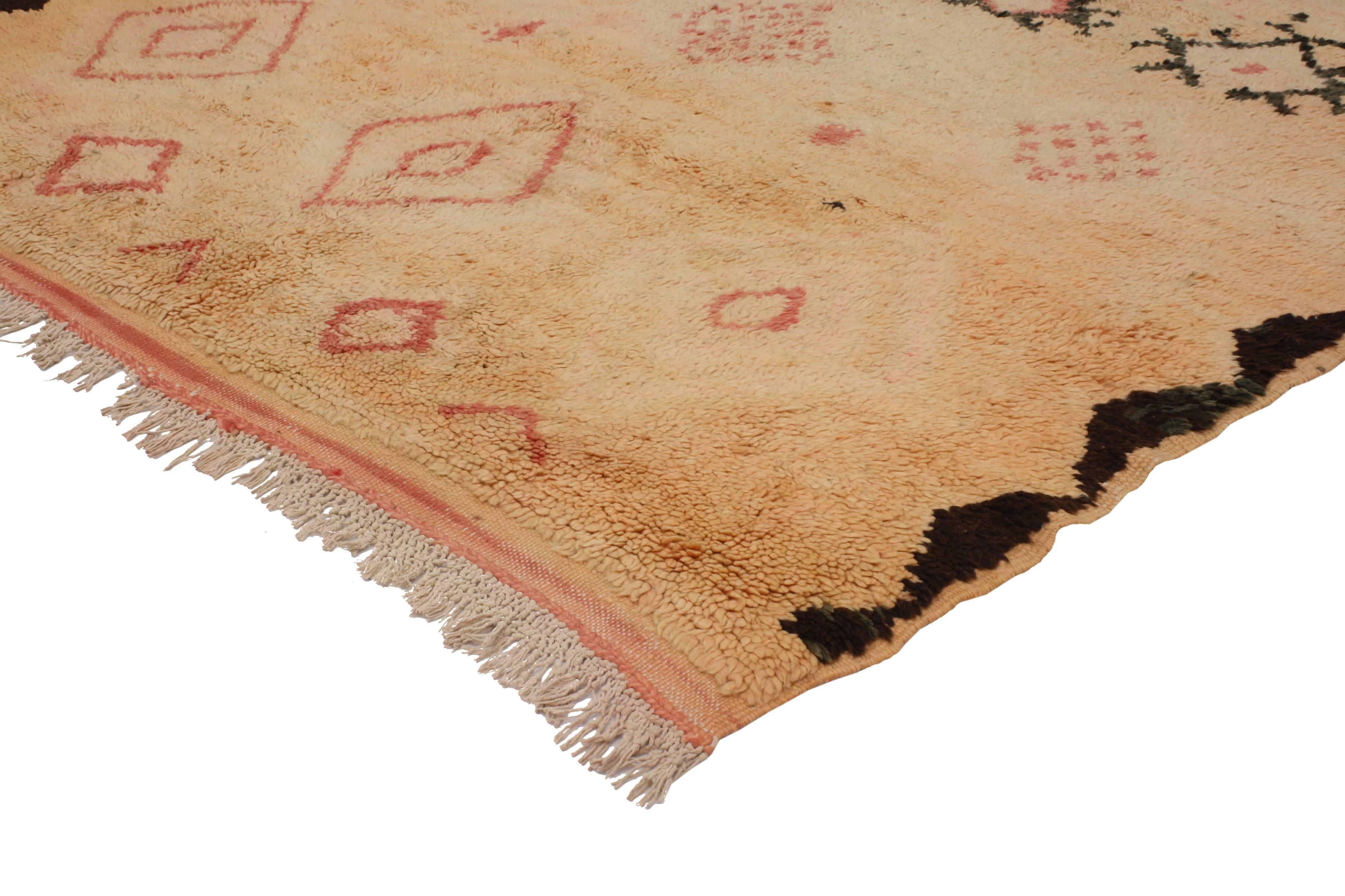 20395 Vintage Berber Moroccan Boujad Rug with Tribal Style and Soft Pastel Colors. Causal and calm or subtle Bohemian, this hand-knotted wool vintage Berber Moroccan Boujad rug features a beautiful sun-faded composition. It is heavily ornamented