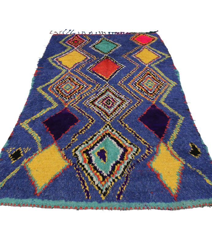Boho Chic Vintage Moroccan Rug with Tribal Design, Blue Moroccan Rug at