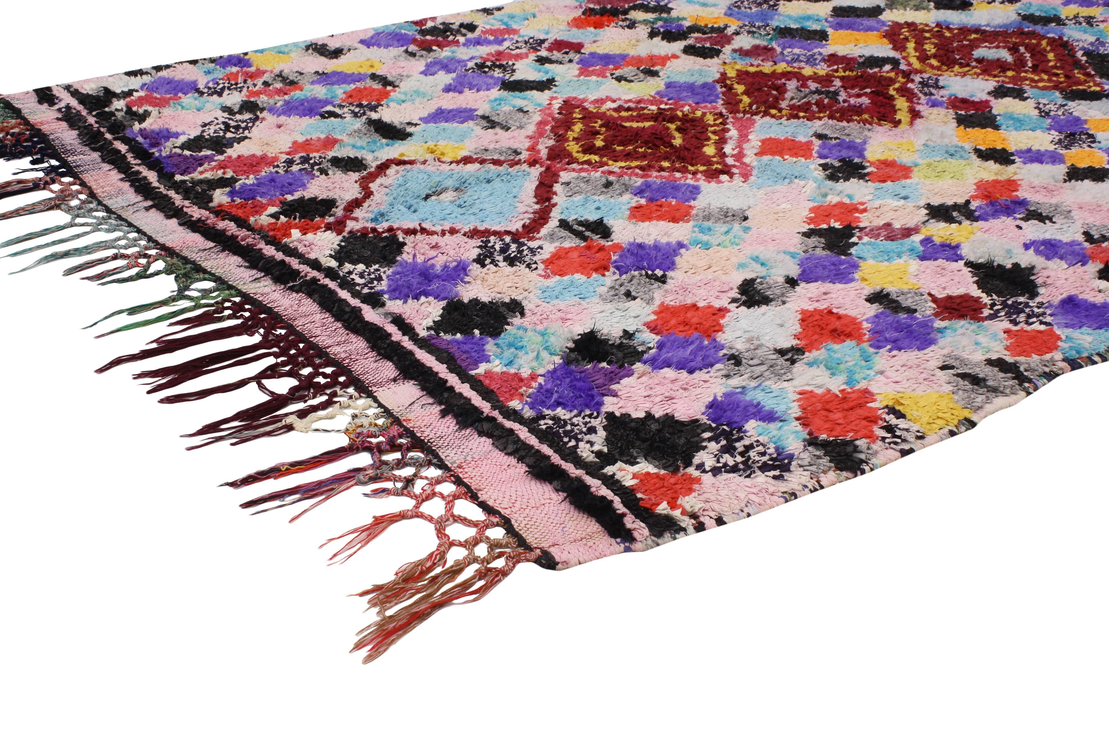 20404 Vintage Berber Moroccan Azilal Rug with Boho Chic Tribal Style. From the Azilal region of the High Atlas Mountains of Morocco, this vintage Berber Moroccan rug features boho chic tribal style. Highlighting a bold all-over diamond design