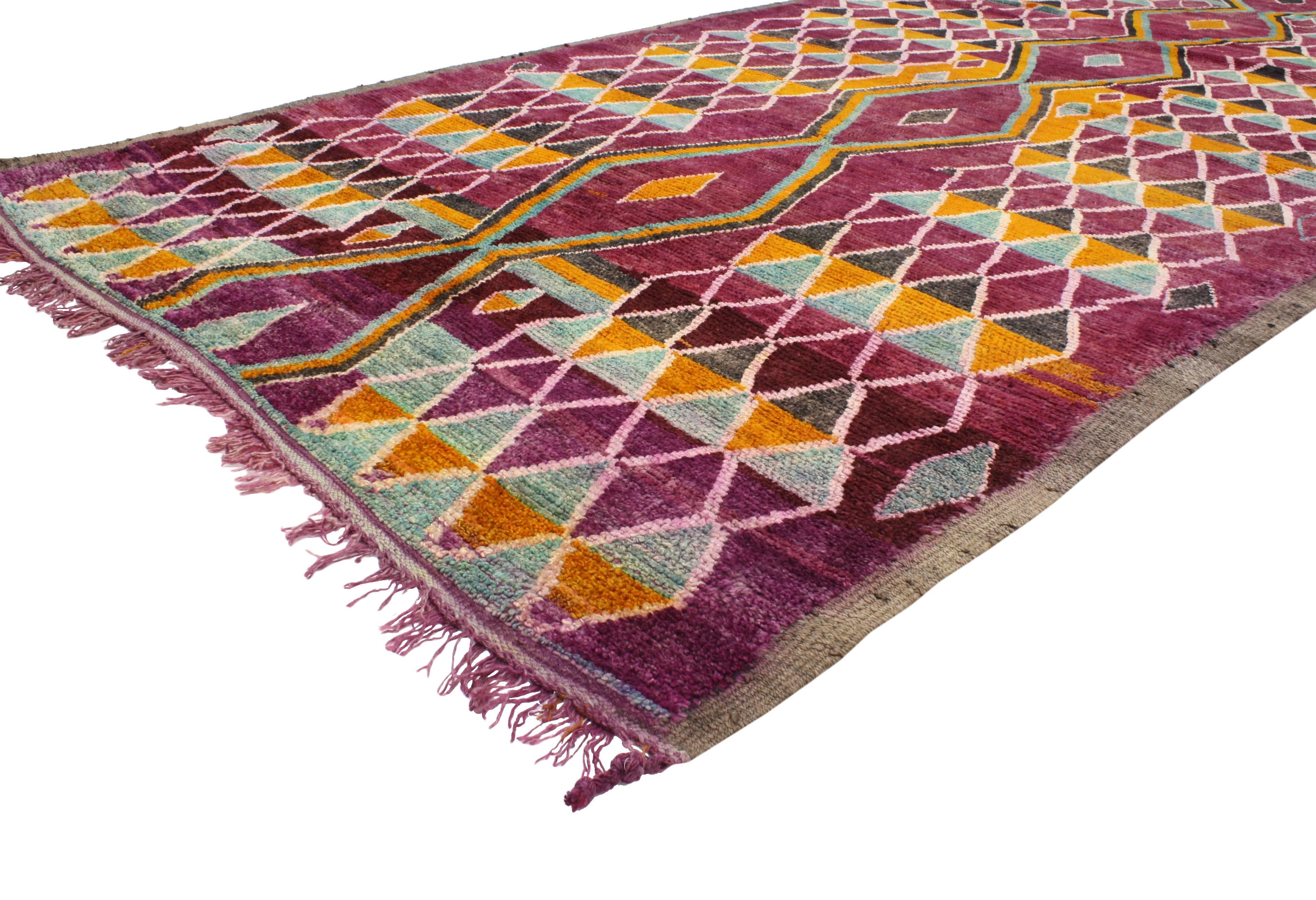 20410 Raspberry Vintage Berber Moroccan Rug with Modern Tribal Style. Saturated with good taste and modern tribal style, this vintage Berber Moroccan rug swathed in variegated shades of raspberry, orange, teal and charcoal. This fashion-forward