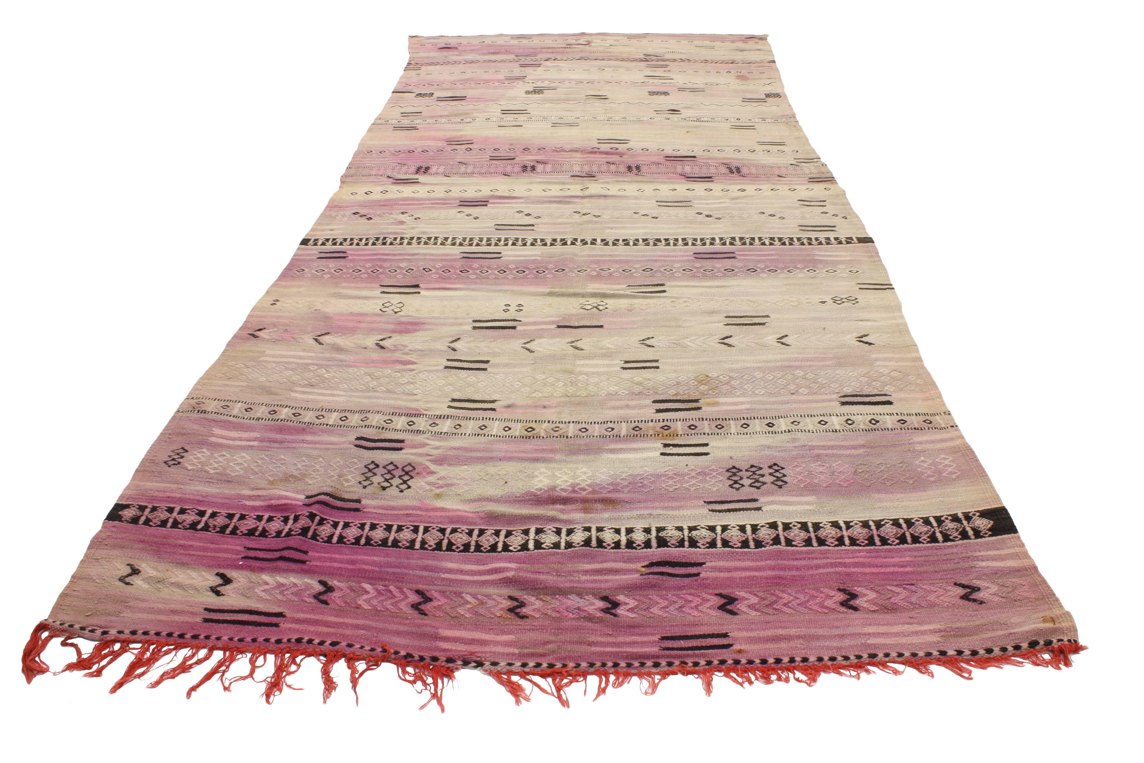 Bohemian Reversible Vintage Moroccan Striped Kilim  Rug with Postmodern Memphis Style For Sale